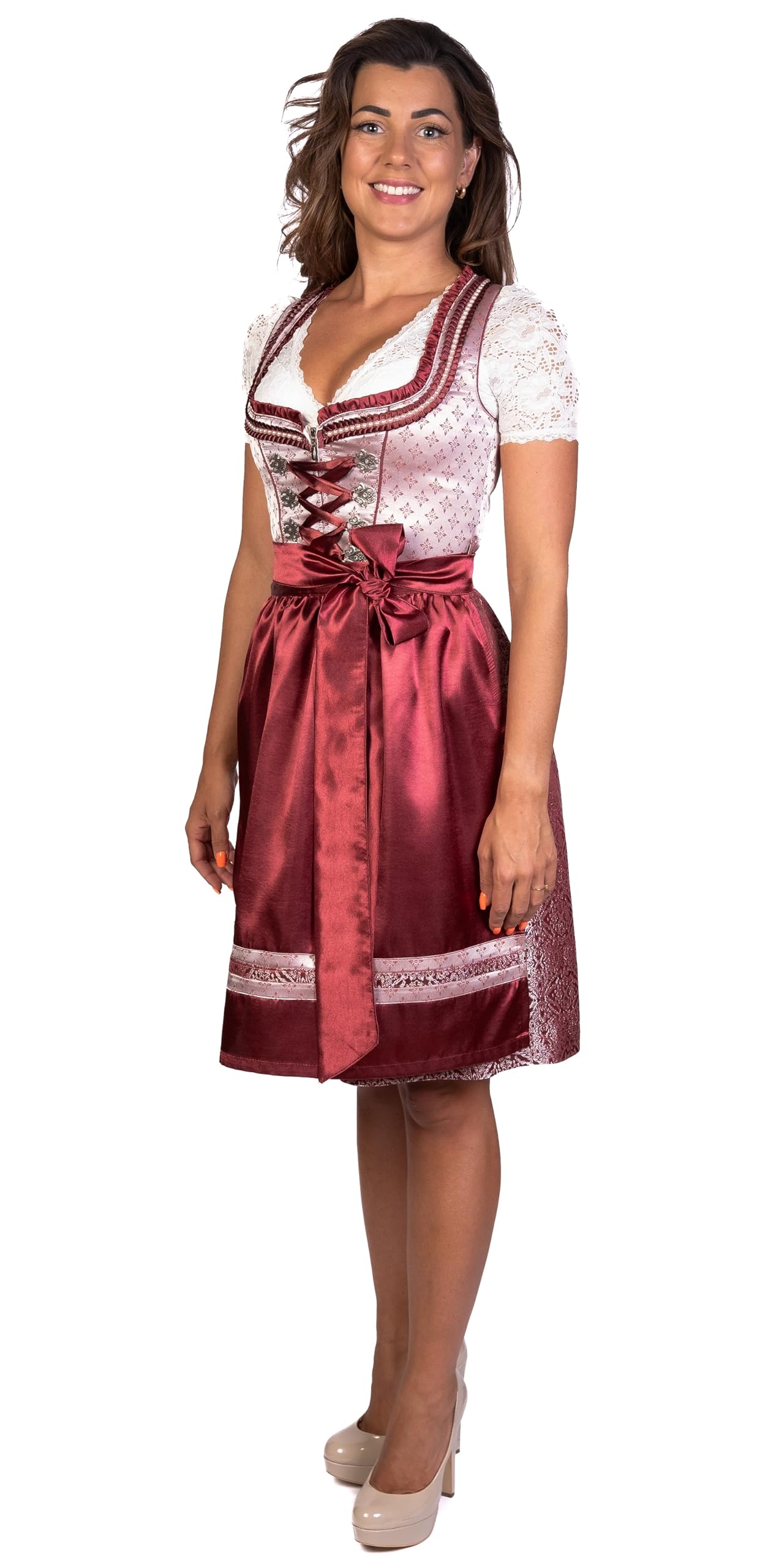 Trachtl Midi Dirndl Kerstin - Abito tradizionale Dirndl da donna, 2° TLG, vestito tradizionale e grembiule bordeaux