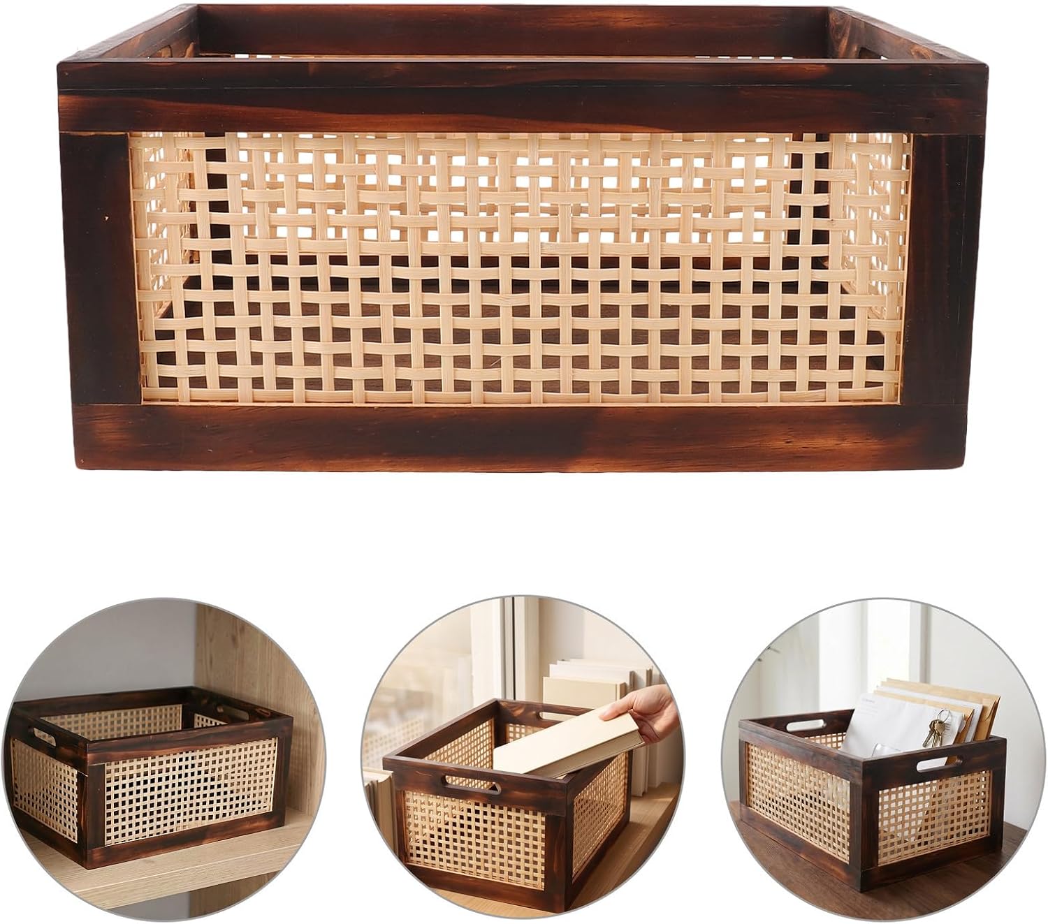 FAVOMOTO Basket Woven Smooth and Textured Finish Details Natural Retro Wood Magazine Holder, Decorative or Cube Storage Splinter-free Design Holds Heavy for Art Books Entryway Bedroom