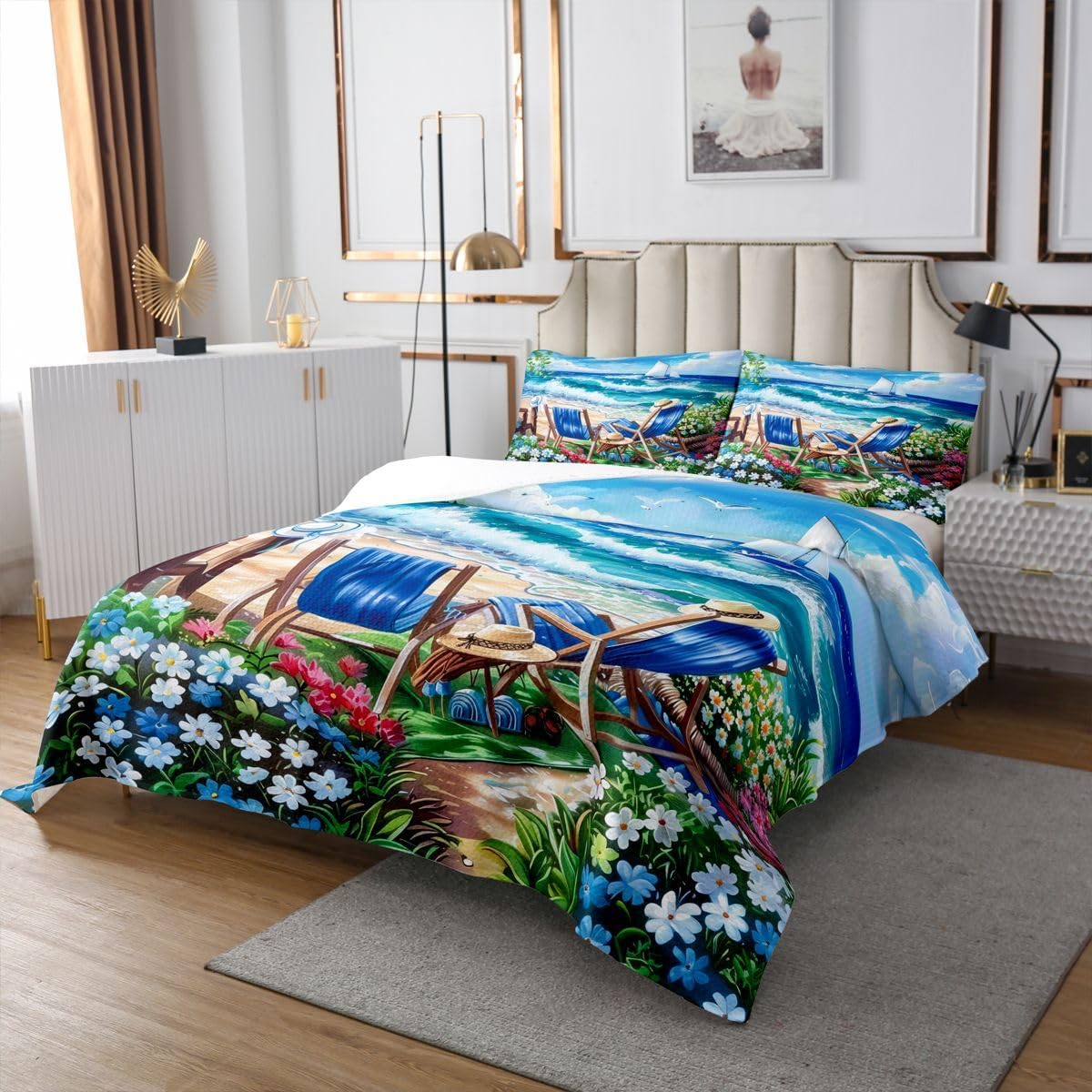 Homewish Beach Scenery Bedspread King Size,Coastal Ocean Wave Coverlet Set Room Decor Kids Teens Adult,Blue Lounge Chair Bedding Quilt,Colorful Wildflowers Quilted Coverlet,2 Pillowcases