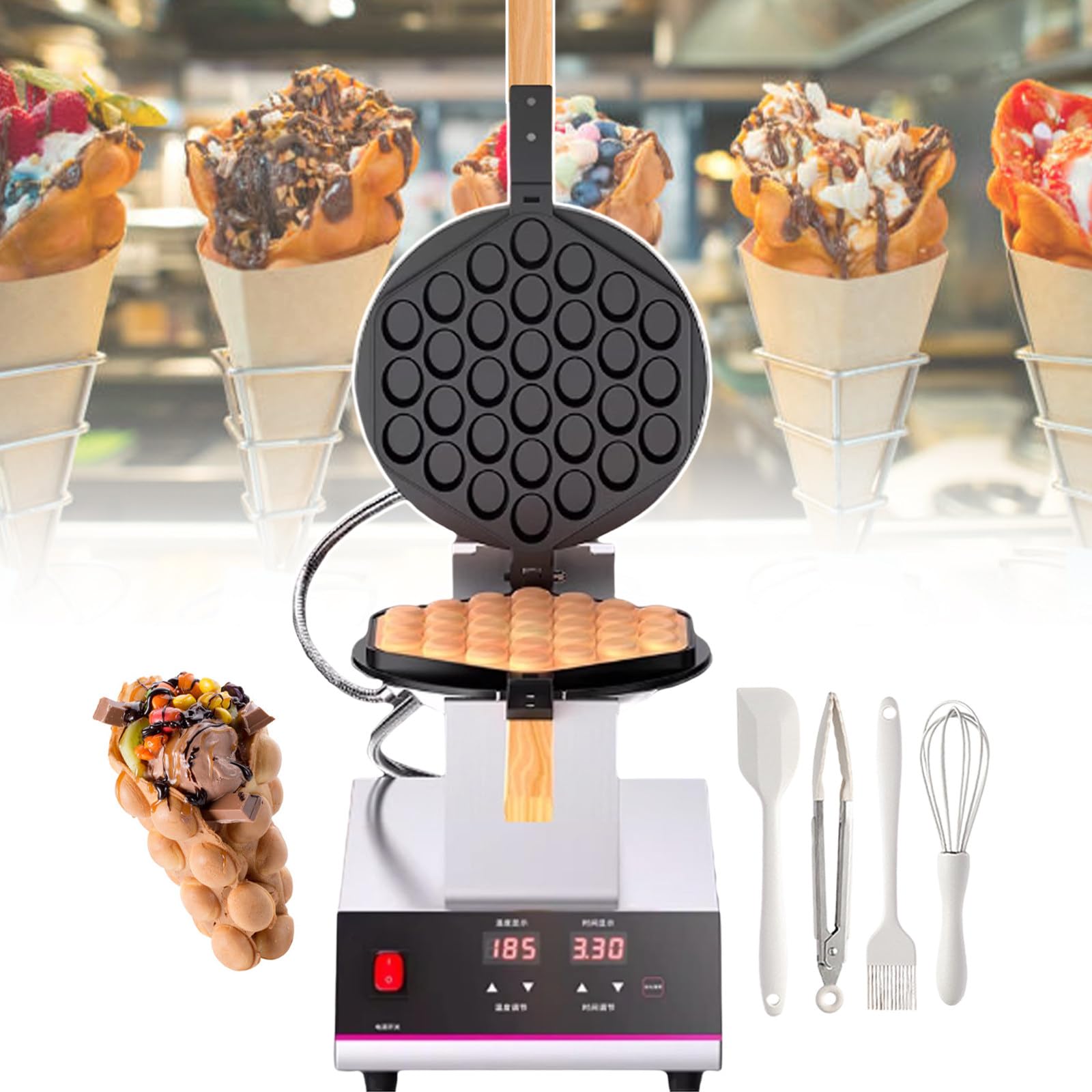 Wafflera De Burbujas De Acero Inoxidable - Street Food Machine Pro, Placas Calefactoras De Doble Cara De 1400 W, Control De Temperatura De 50-250 °C Y Temporizador De 0-9 min