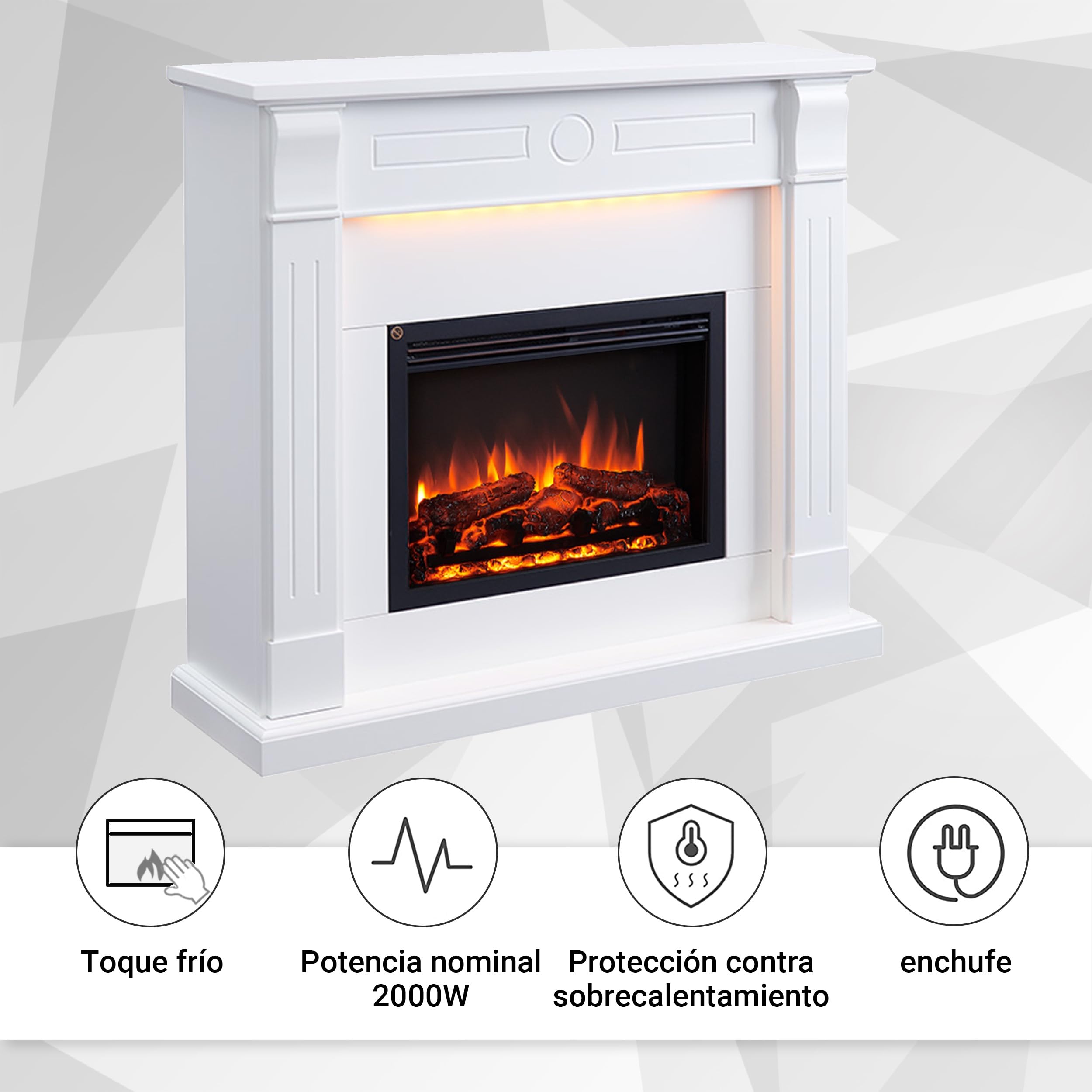 BALDERIA Hikaru - Chimenea eléctrica, Blanco, calefacción 2000 W - Blanco | Efecto de Llama 3D, iluminación LED, crepitación, Control de Aplicaciones, WiFi, Control Remoto, Temporizador, termostato