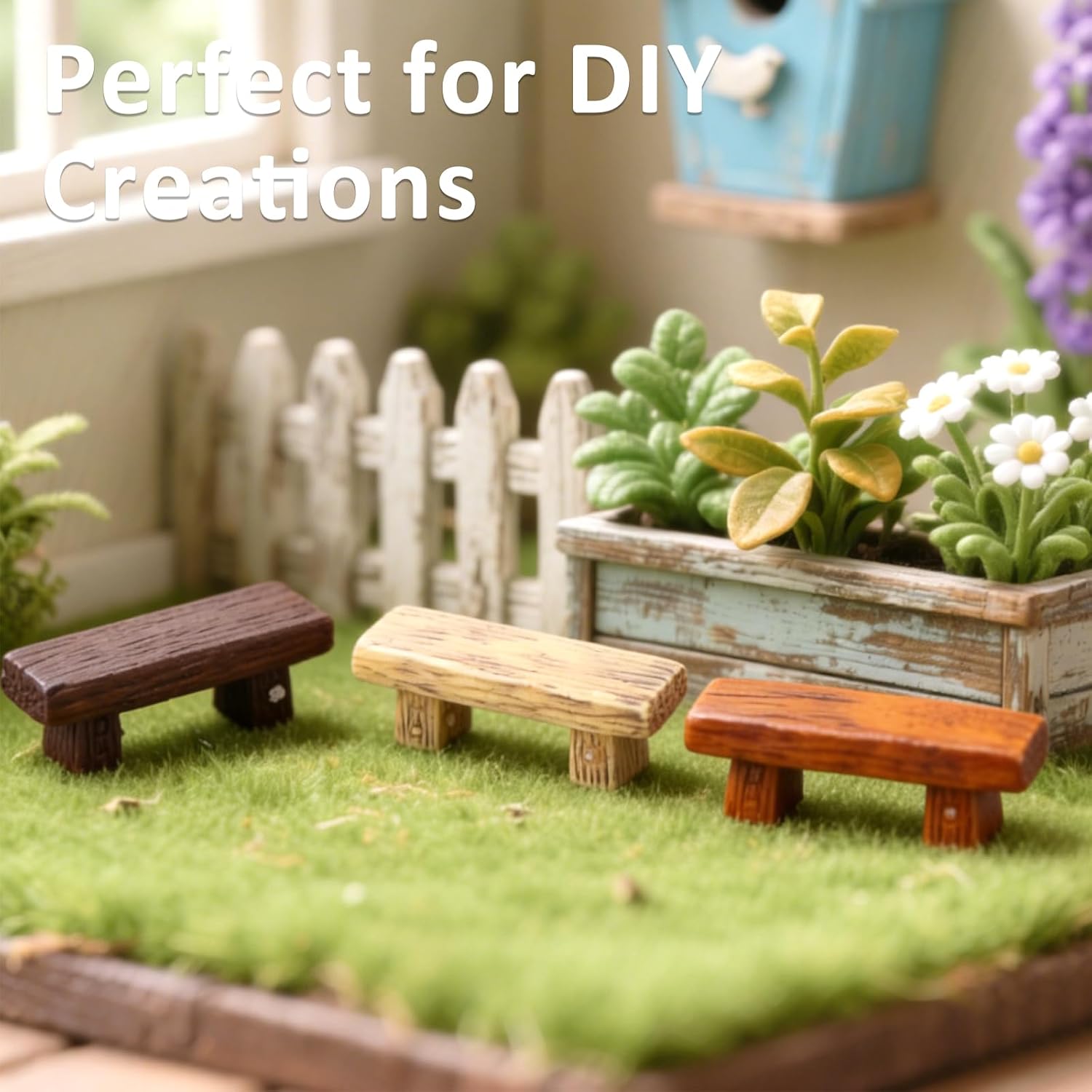 6Pcs Mini Resin Bench Garden Landscape Stool Retro Fairy Garden Chairs Miniature Long Benches Garden Ornaments Decorative Accessories (Light Brown)