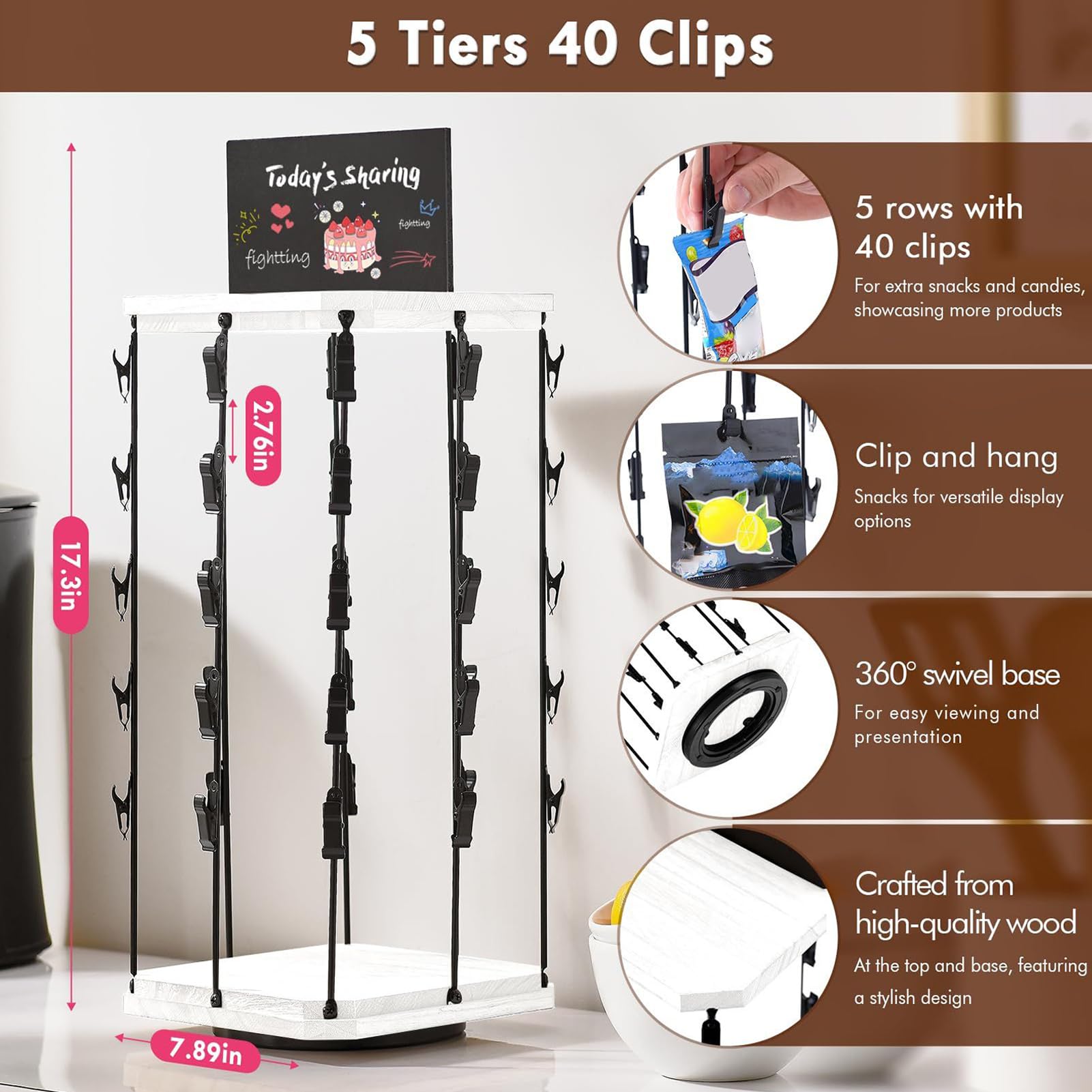 Supporto per chip | Scaffale per chip negozio con scaffale per snack | Appendiabiti rotanti a 5 piani a 40 clip, organizzatore base in legno con bacheca per bancone da cucina - 5 livelli 40 morsetti a