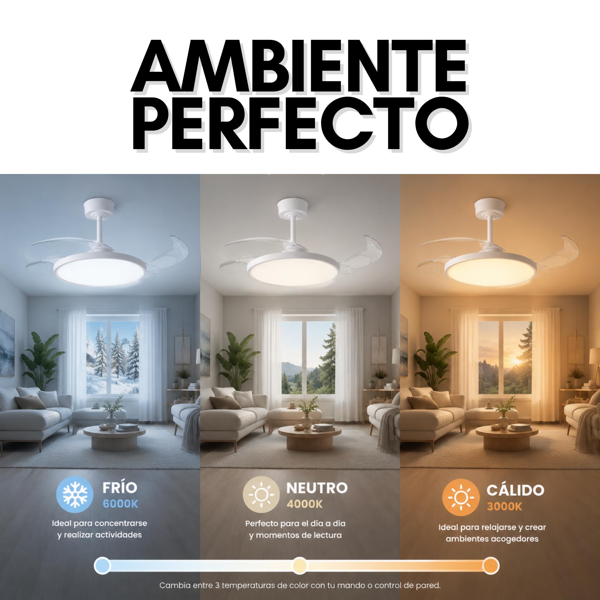 Ventilador de Techo LED Blanco con Aspas Retráctiles 36W Ultrafino, Motor DC Silencioso 26dB, 3CCT: 3000-4000-6000K, 6 Velocidades, Función verano e invierno, Mando a distancia