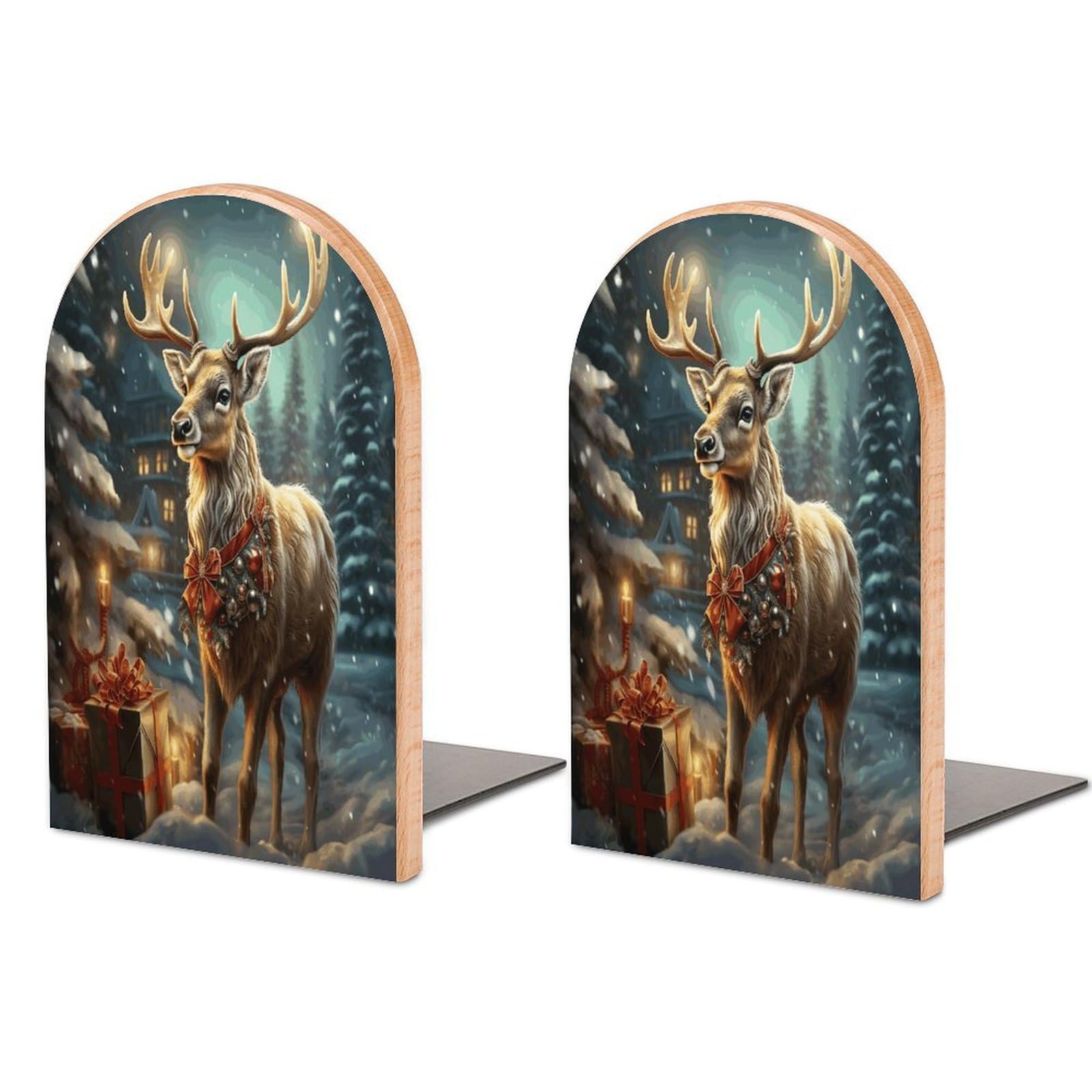 Reindeer Bookends for Shelves Non Skid Book Stoppers Universal Economy Bookend Heavy Duty Wood Book End Decorative Book Shelf Holder for Home Office Desk 1 Pair