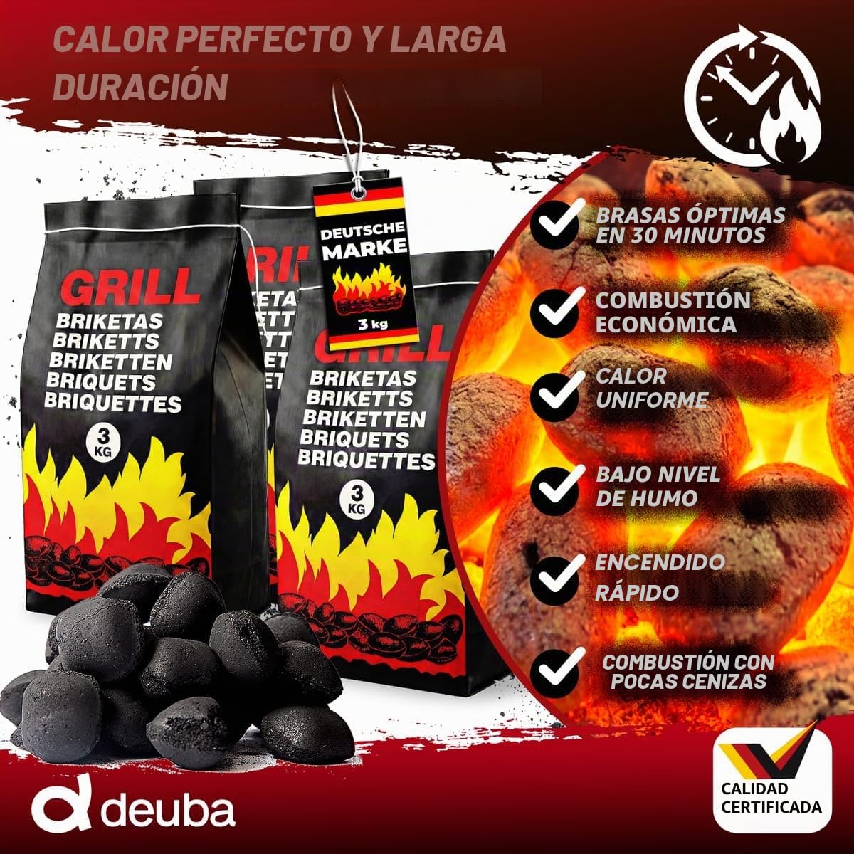 DEUBA® 27kg Briquetas de Carbón Vegetal para Barbacoa 9x3kg Brasas Bajas en Chispas y Calor Uniforme
