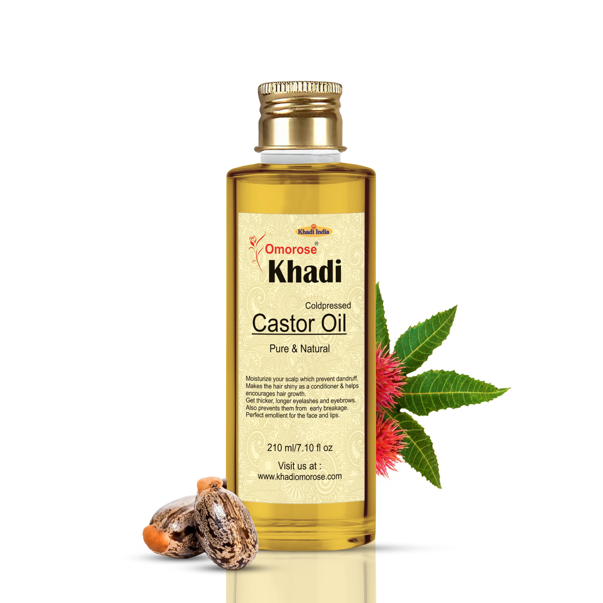 Khadi Omorose Castor Oil | Coldpressed & Hexane Free| Supports Stronger Hair| Hydrates Skin | Healthy Eyelashes Eyebrows, Lips & Nails -210 Ml