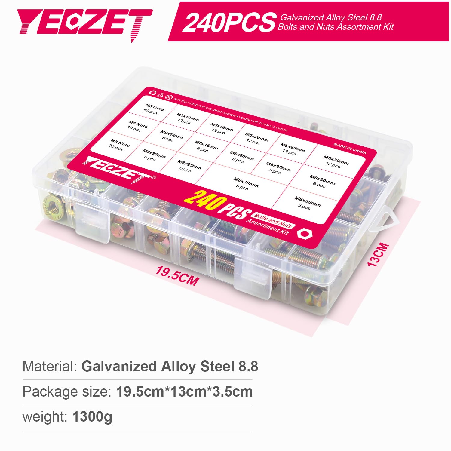 Set di 240 Viti a Flangia M5 M6 M8 e Dadi Flangiati Zincati 8,8 Viti Esagonali e Dadi