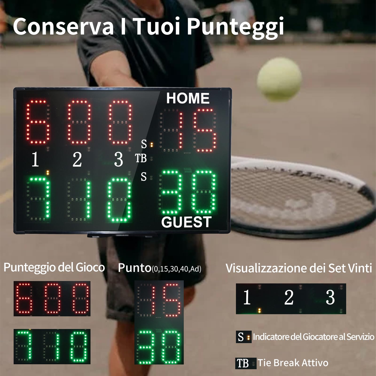 YZ Tabellone Segnapunti, Portatile Segnapunti Padel, 10 Cifre Elettronico LED Scoreboard con Telecomando, Segnapunti Pallavolo Tabellone Segnapunti Elettronico für Gioco Tennis all'Interno all'aperto