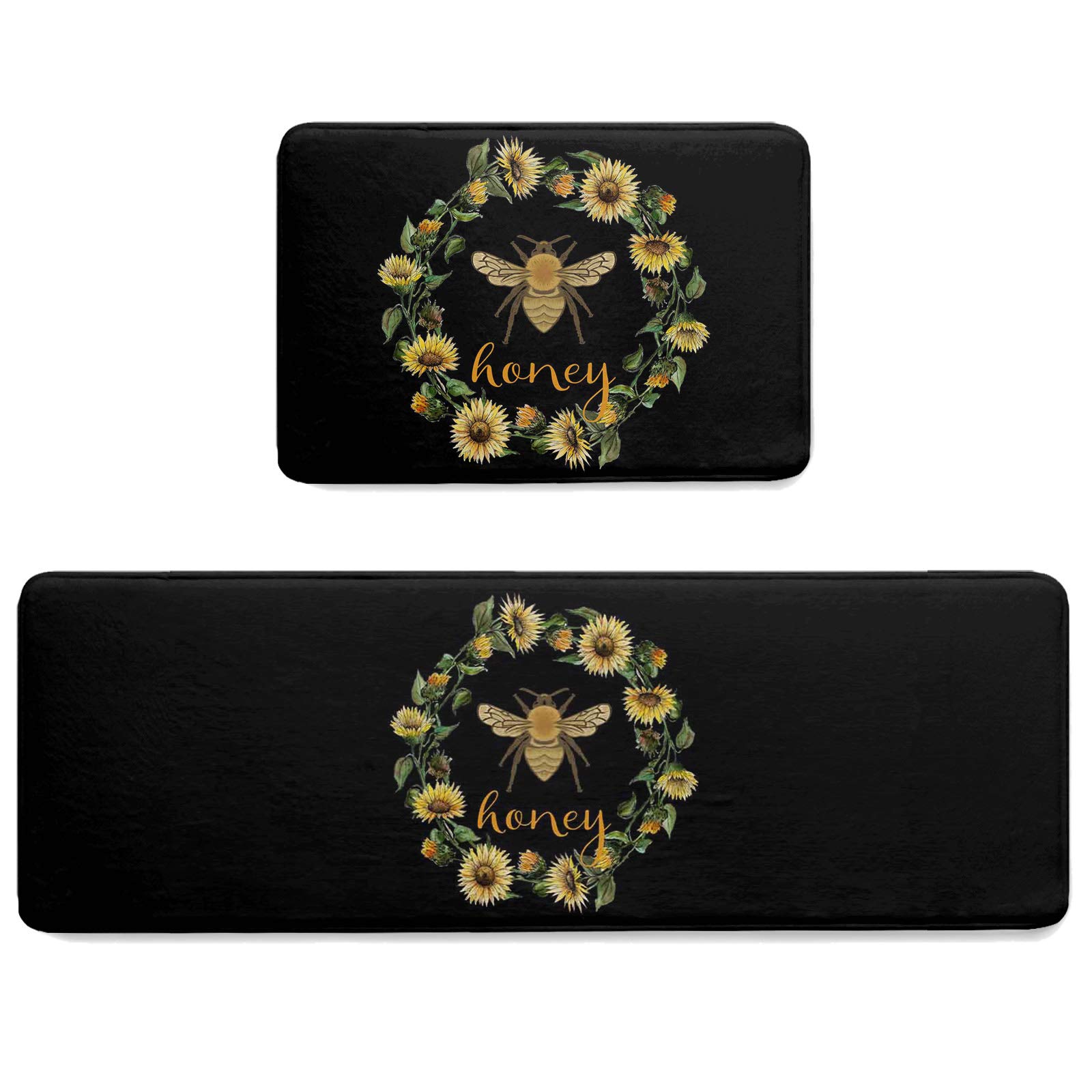 LAMANDA 2 Pieces Kitchen Rugs Set Farm Bee Sunflower on Black Area Rug,Absorbent Bath Mats Soft Doormat Anti Fatigue Floor Mat Vintage Bumblebee Floral Wreath,Non-Slip Cushion Standing Mats