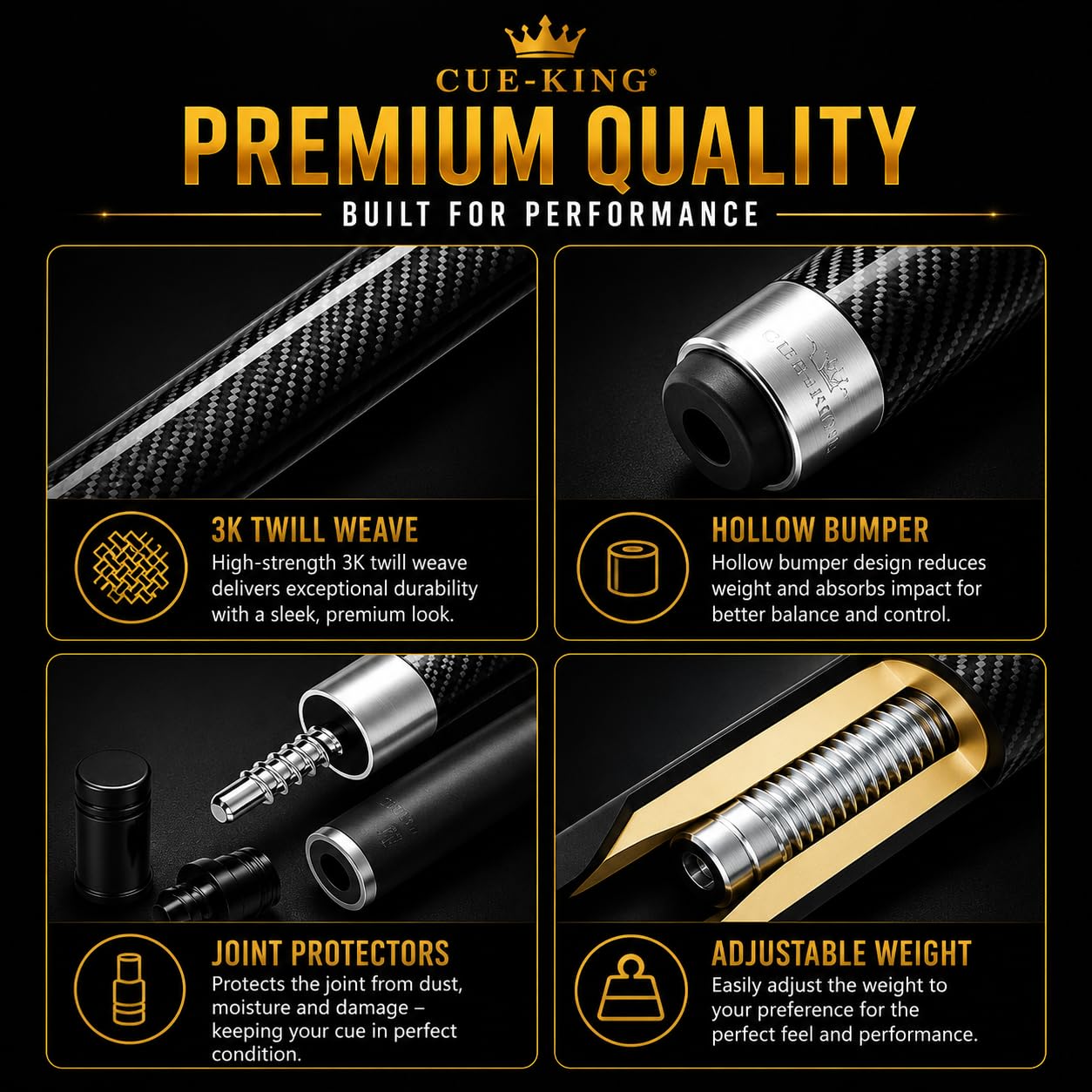 Cue-King Pro Series Stecca da biliardo in carbonio 147,3 cm 510,3 g 2 pezzi punta 12,5 mm