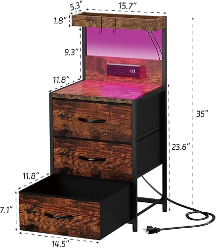 Miniatura 3 de Mesita de noche, mesita de noche con estación de carga y luces LED, 3 cajones con estante de almacenamiento y ganchos, mesa auxiliar alta para