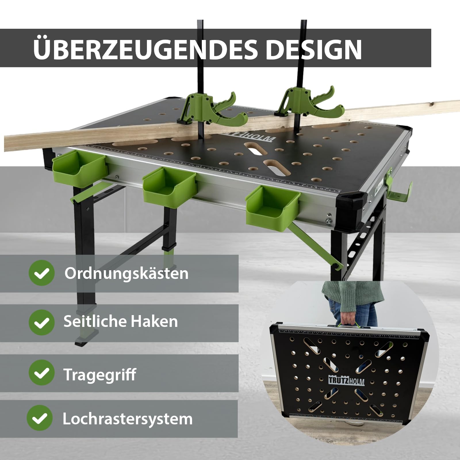 TRUTZHOLM 2 x Werkbank Multifunktionstisch Spanntisch 60 x 85 cm klappbar höhenverstellbar 73–90 cm Arbeitstisch mit Messskala, 450 Kg, 20mm Lochrastersystem, Werkzeugboxen, Schnellspannern