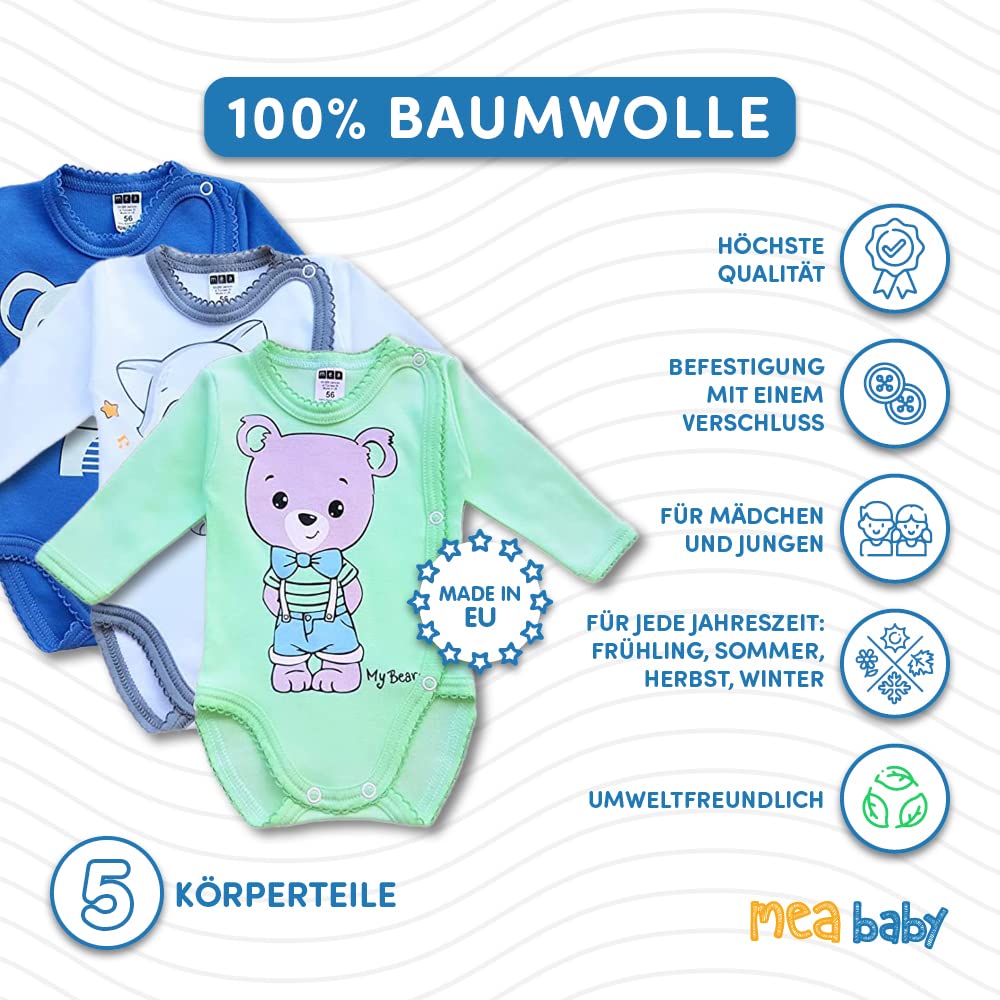 MEA BABY Body unisex de manga larga para bebé con estampado de 5 unidades