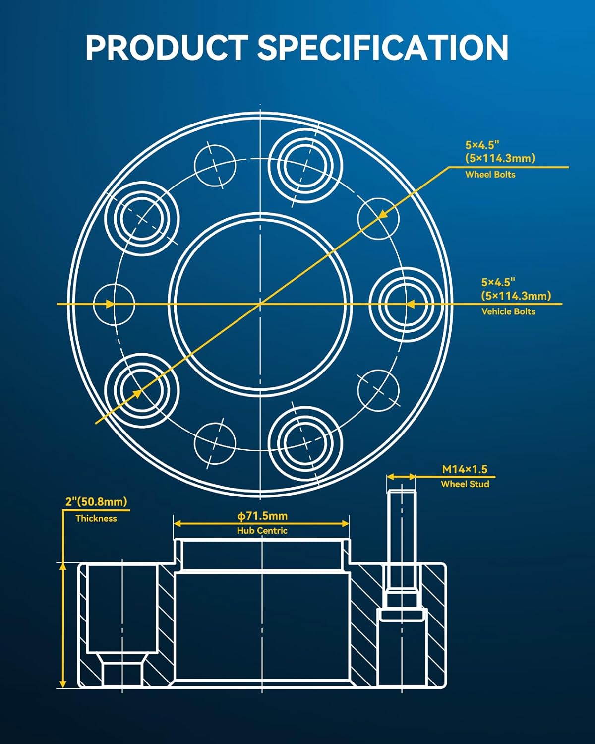 PHILTOP 2 inch 5x4.5 Wheel Spacers with M14x1.5 Studs & 71.5mm Center Bore,4pcs Forged 5x114.3mm Hub Centric Wheel Spacers for 300, Challenger, Charger, Mustang, Magnum, GT