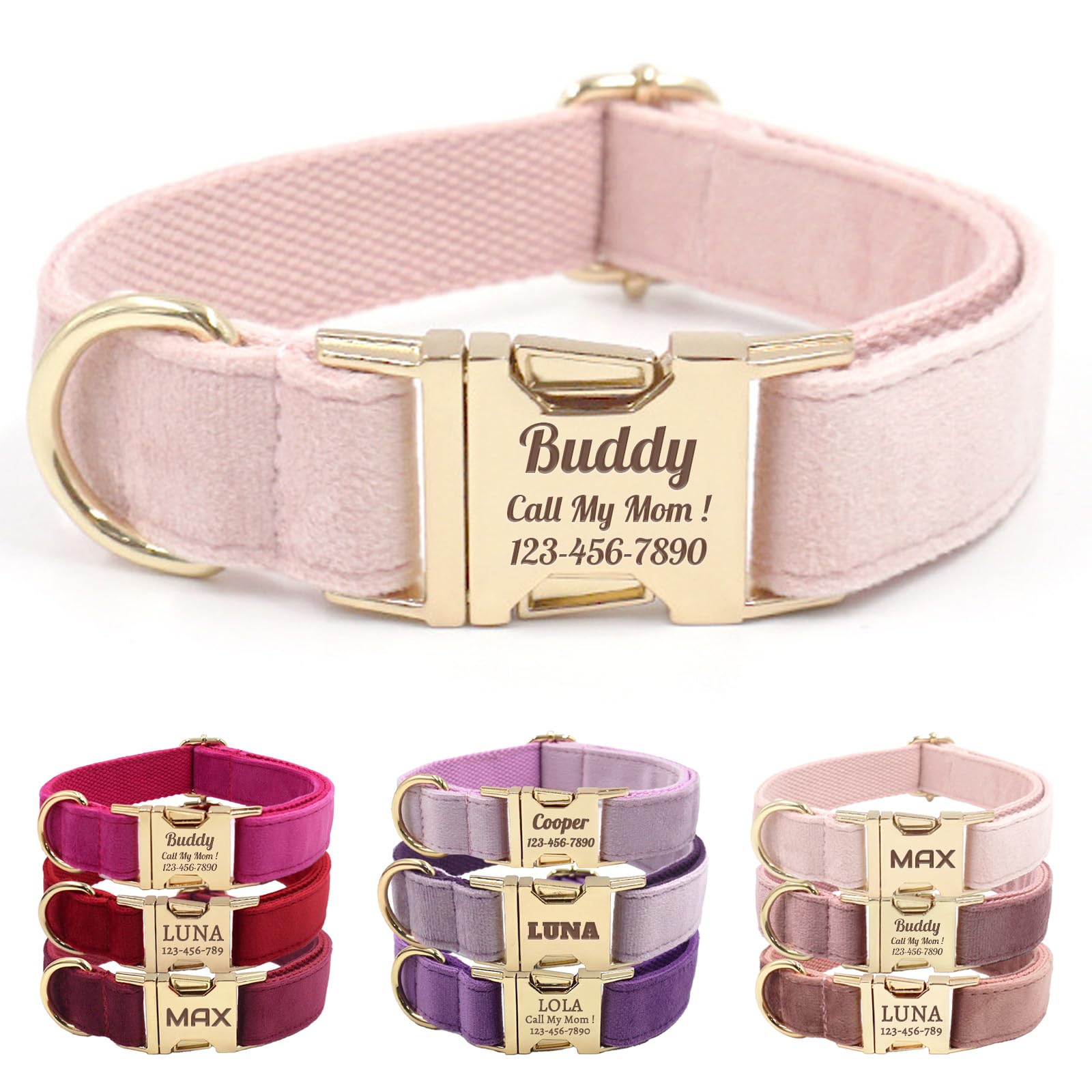 Collare per cani in velluto, personalizzato con nome, collare per cani personalizzabile con fibbia in metallo a sgancio rapido, guinzaglio e papillon disponibili (acqua di rosa, S)