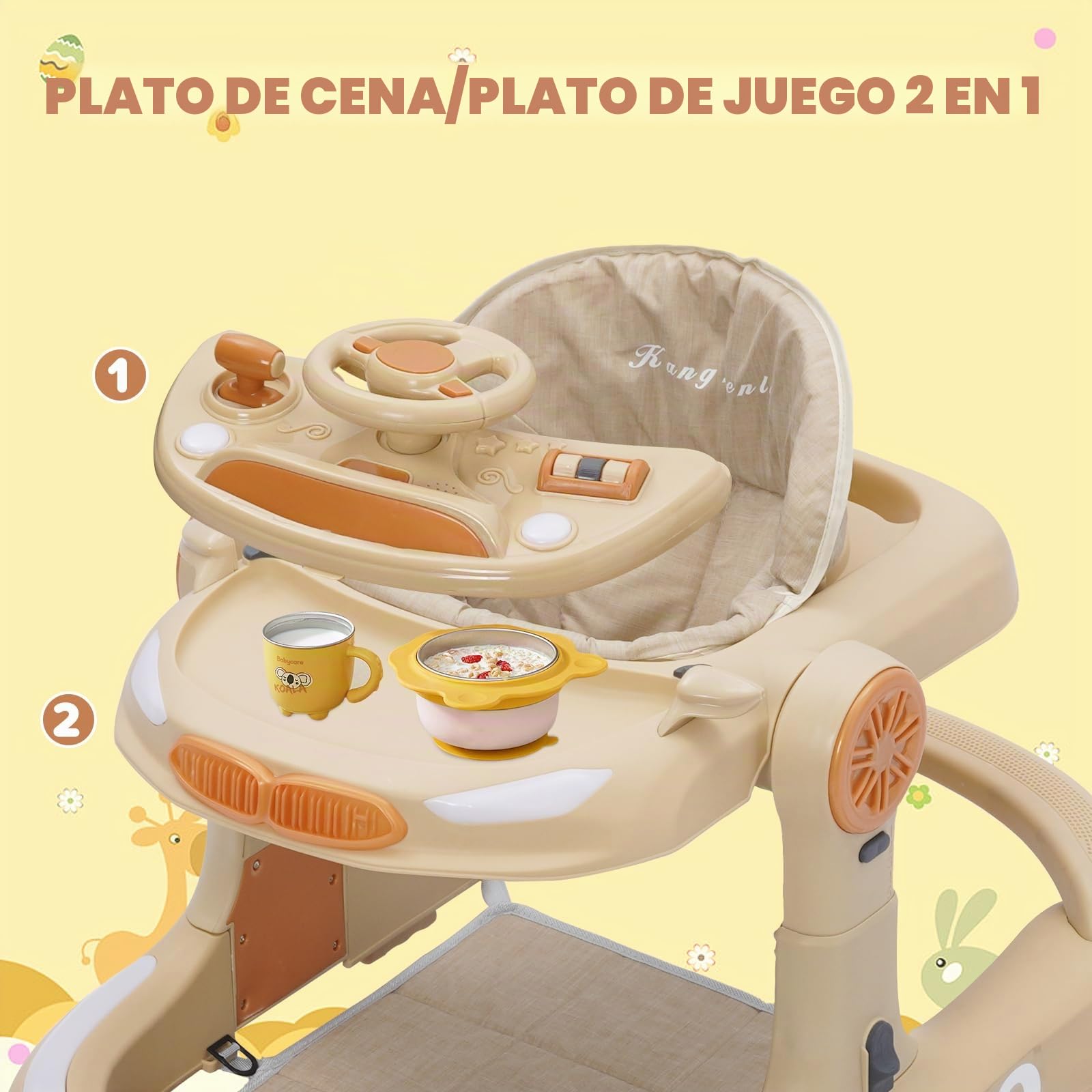 Andador Bebe 4 en 1, Carrito Bebes Plegable con Altura Ajustable y Musical Bandeja, Alfombrilla Suelo y Freno, Diseño Anticolisión, Correpasillos para Bebe 6-12 Meses