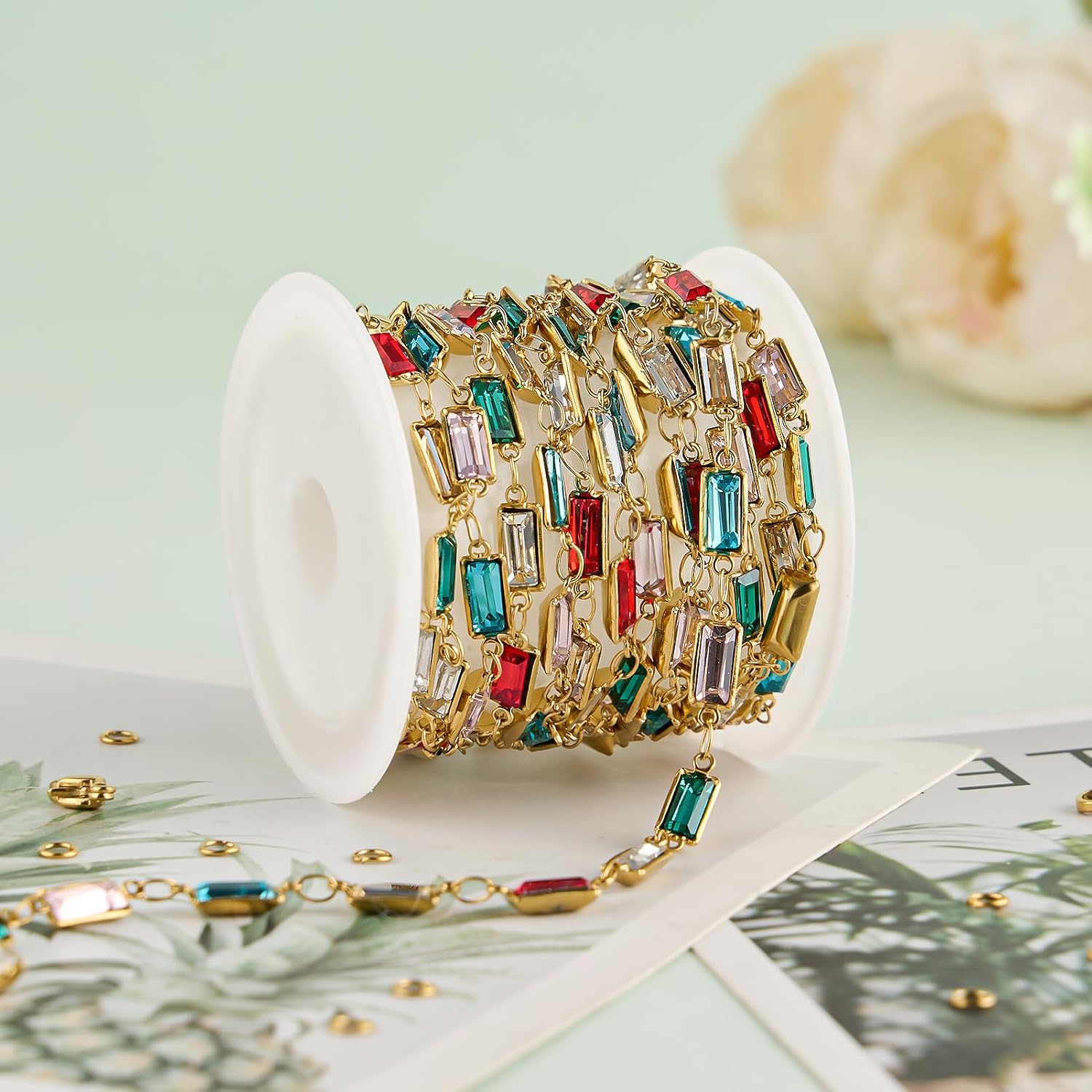 UMAOKANG 2 Meters Gold Plated Jewelry Making Chains Colorful Rhinestone Chain for Jewelry Making Stainless Steel Chain Roll