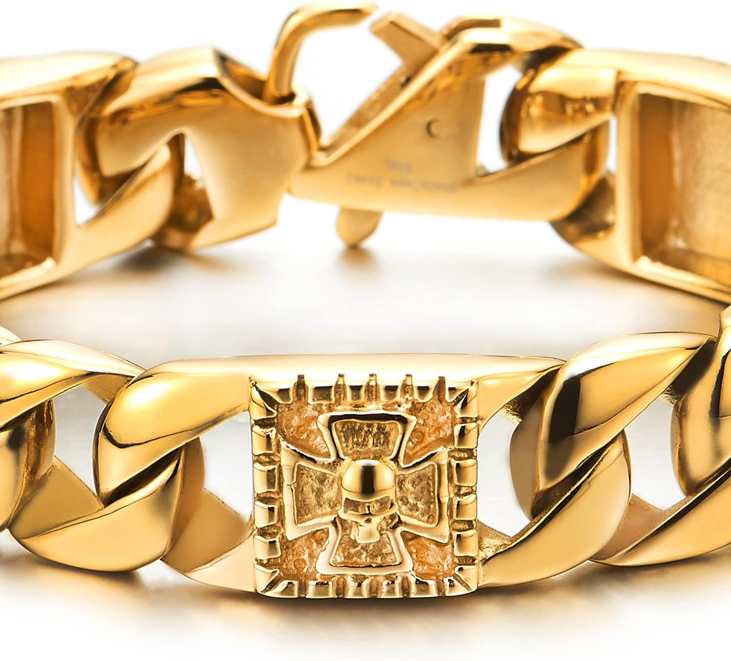 COOLSTEELANDBEYOND Mens Gold Color Stainless Steel Curb Chain Bracelet with Cross and Skull, Biker Gothic, Polished