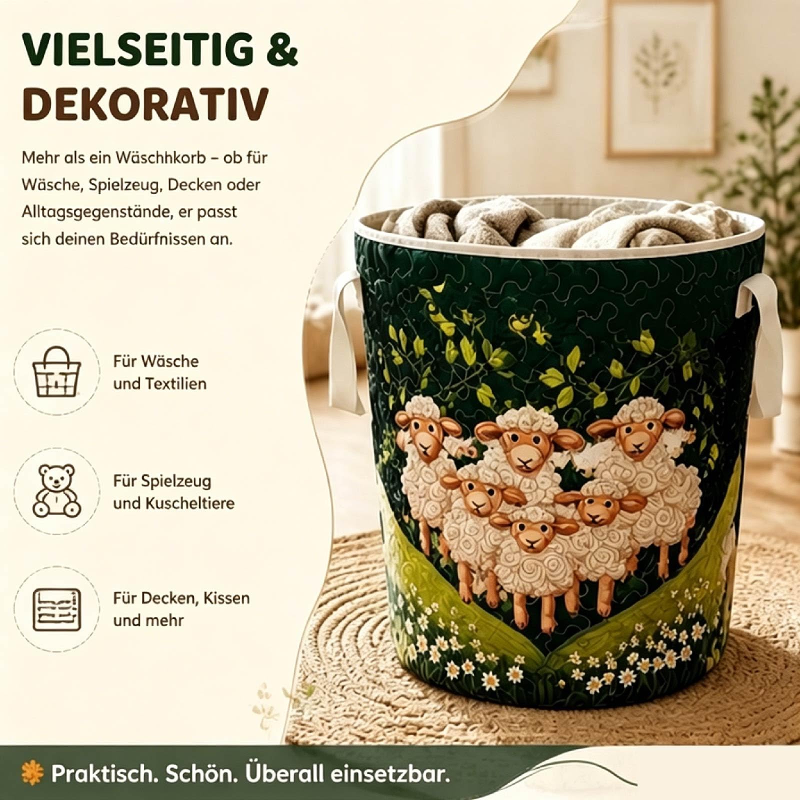 Wäschekorb Schäfchen für Kinderzimmer, Faltbarer Stoff Aufbewahrungskorb mit Griffen, Großer Wäschekorb Schafe für Spielzeug (C, 20"X28")