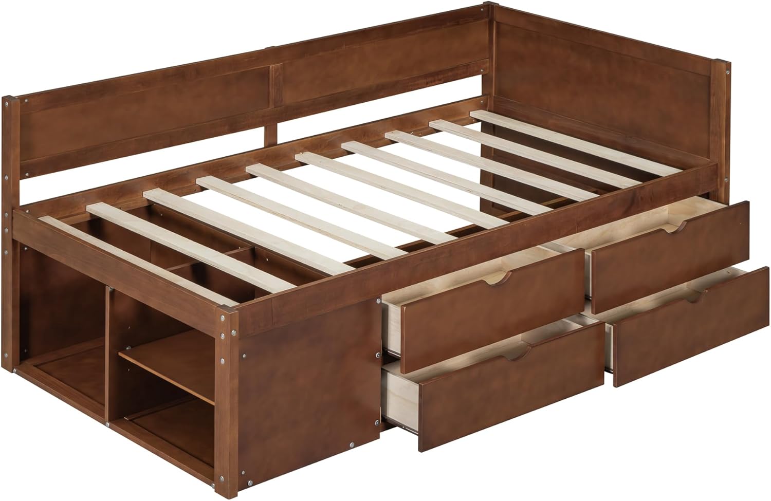 Bellemave Twin L-Shaped Daybed, Wooden Daybed Frame with Storage Drawers and Shelves, Corner Bed for Kids, Boys, Girls， No Box Spring Needed, Walnut