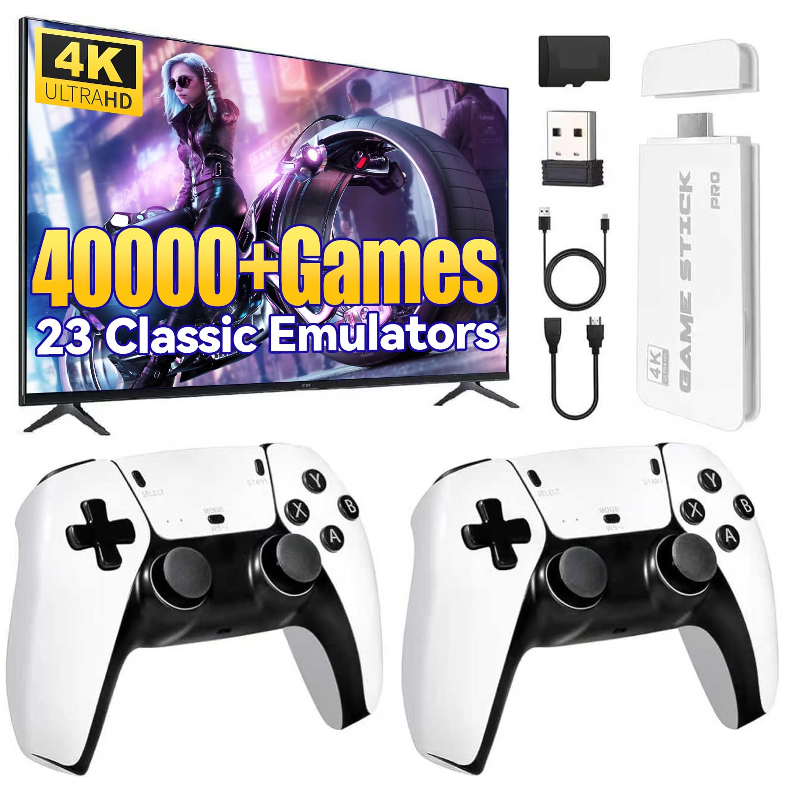 YunLone Console di gioco retrò 2025, console per videogiochi HDMI 4K con oltre 40.000 giochi e 23 emulatori, stick per videogiochi plug and play con controller wireless 2.4G dual upgrade (128G)