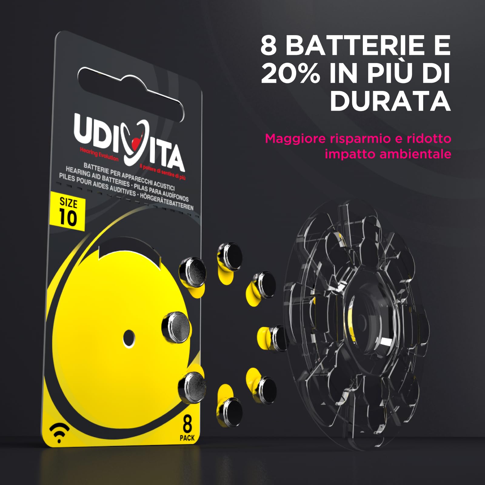 240 Batterie Per Apparecchi Acustici Auricolari Udivita PR70 Misura 10 (Gialle) Tecnologia Phono Pulse - 30 Blister da 8 Pile