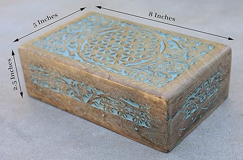 Miniatura 5 de DharmaObjects Caja de almacenamiento de madera tallada a mano (turquesa, grande)