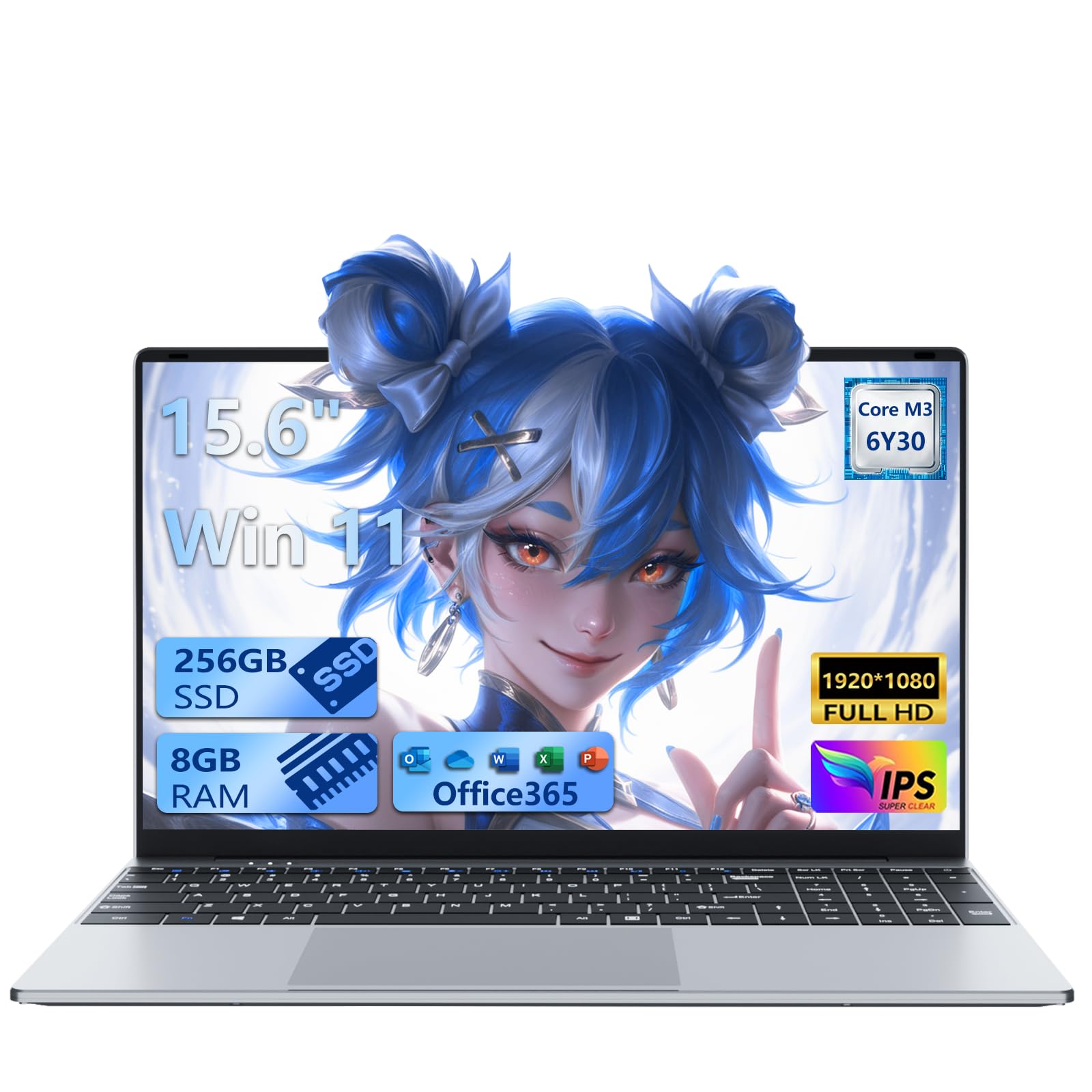 Ordenador Portátil 15.6 Pulgadas - PC Portátil Win 11, 8GB RAM 256GB SSD, Laptop con Procesador Core M3-6Y30, Computadora Portatil Delgada Pantalla FHD abatible de 180° Mini-HDMI 2*USB3.0 WiFi5 BT4.2