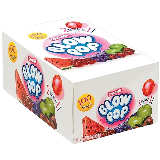 Charms Blow Pop Lollipops - Individually Wrapped Dual Candy and Gum Suckers - Peanut Free, Gluten Free - Bulk Treat for Kids and Adults - Assorted Flavors, 100 Count (4 lb 1 oz.)