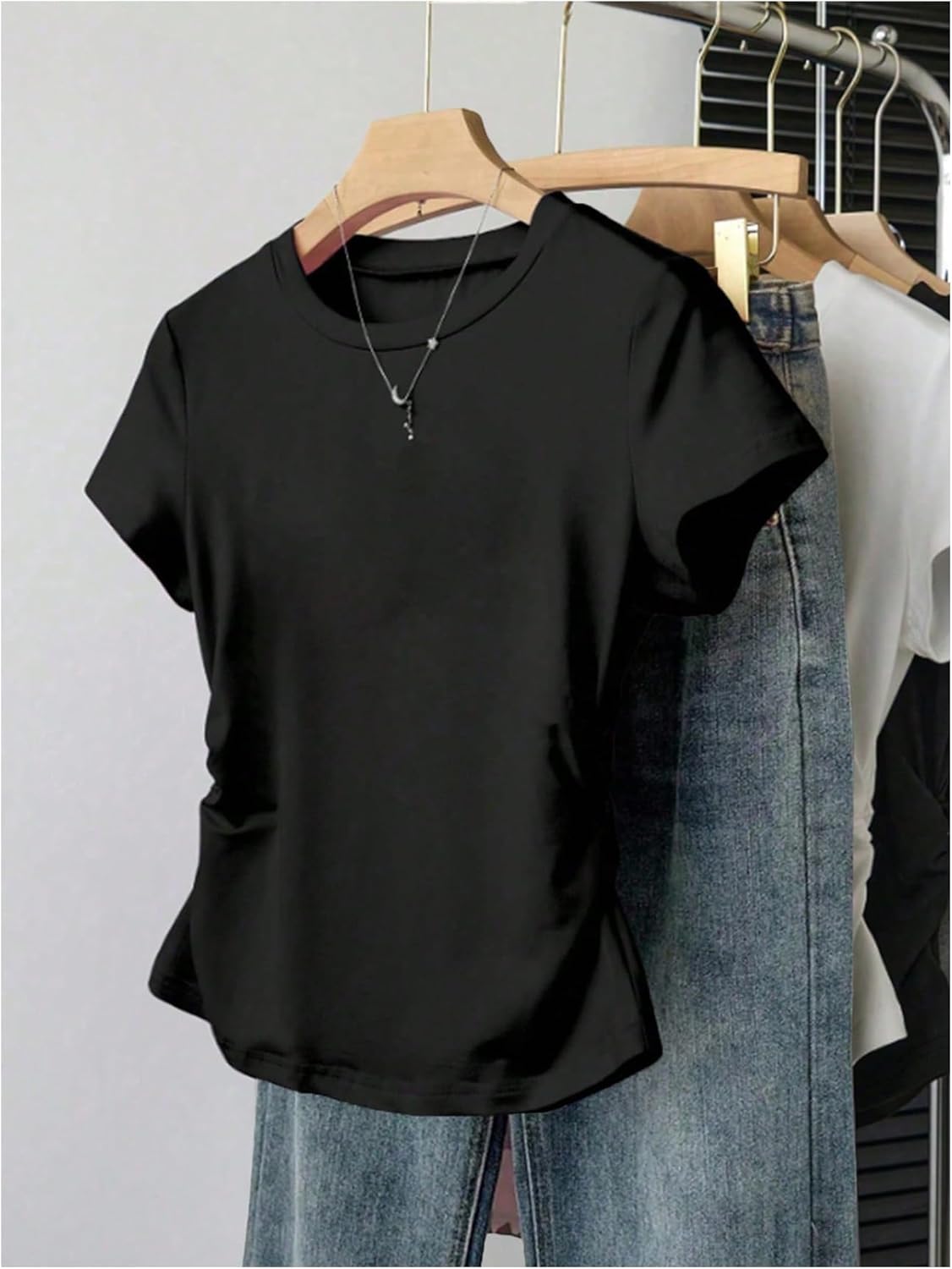 Women's 3 Packs Basic T Shirts Short Sleeve Crewneck Ruched Tops Fitted Casual Summer Top Tees - Image 5
