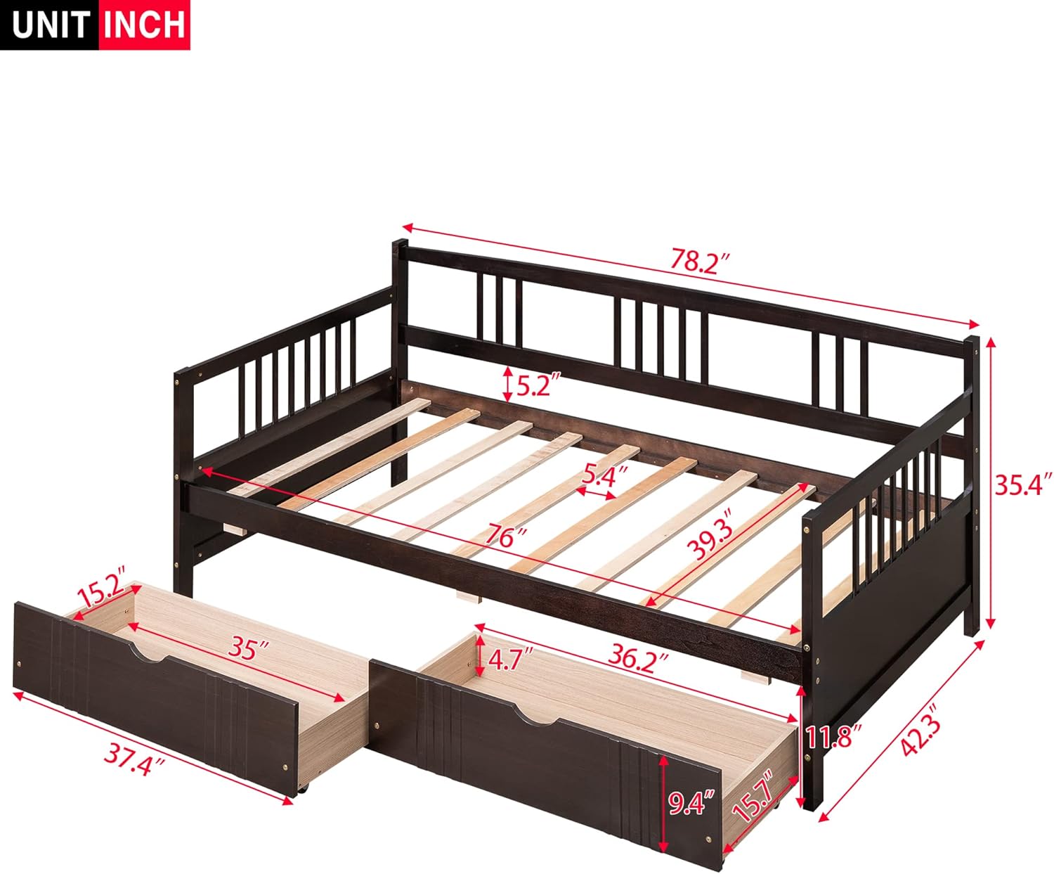 Bellemave Daybed with Drawers, Wood Twin Daybed Frame, Twin Size Day Bed for Kids Adults, Multifunctional Platform Bed, Espresso