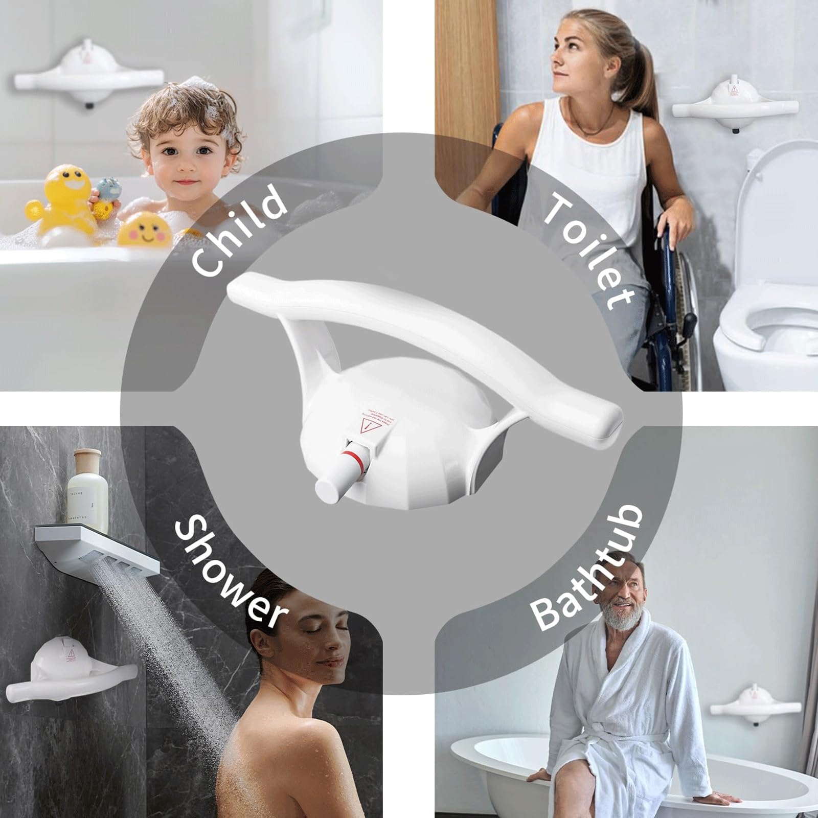 Barras de agarre para bañeras y duchas, ventosa grande de 5.5 pulgadas con línea de alerta de seguridad, agarre de seguridad extraíble sin taladrar, barras de seguridad de ducha para personas mayores