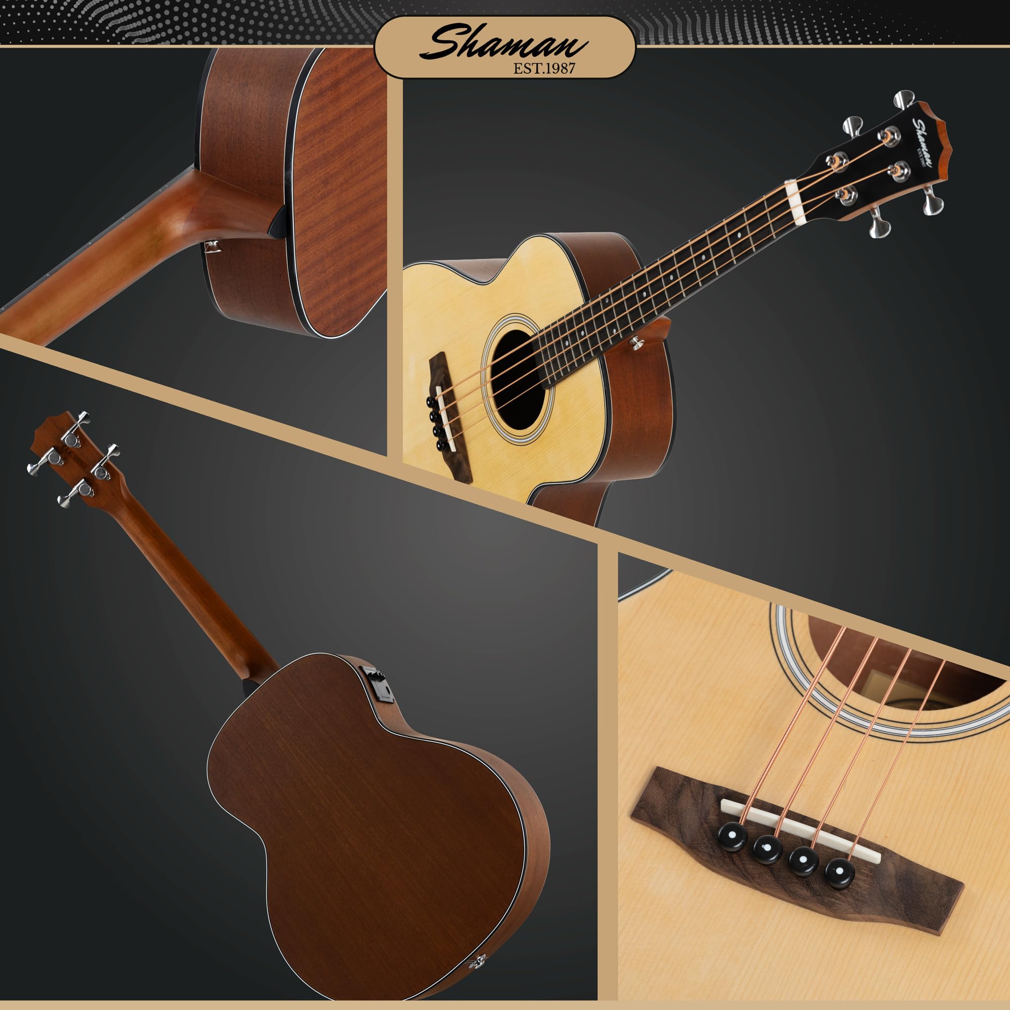 Shaman ABM4-50E-NT Akustik Bass 4-Saiter - kompakter Short-Scale Bass mit eingebautem Tonabnehmer, Piezo-Elektronik & Stimmgerät, Mahagoni & Fichte Korpus, ideal für Bühne & Zuhause - Natur