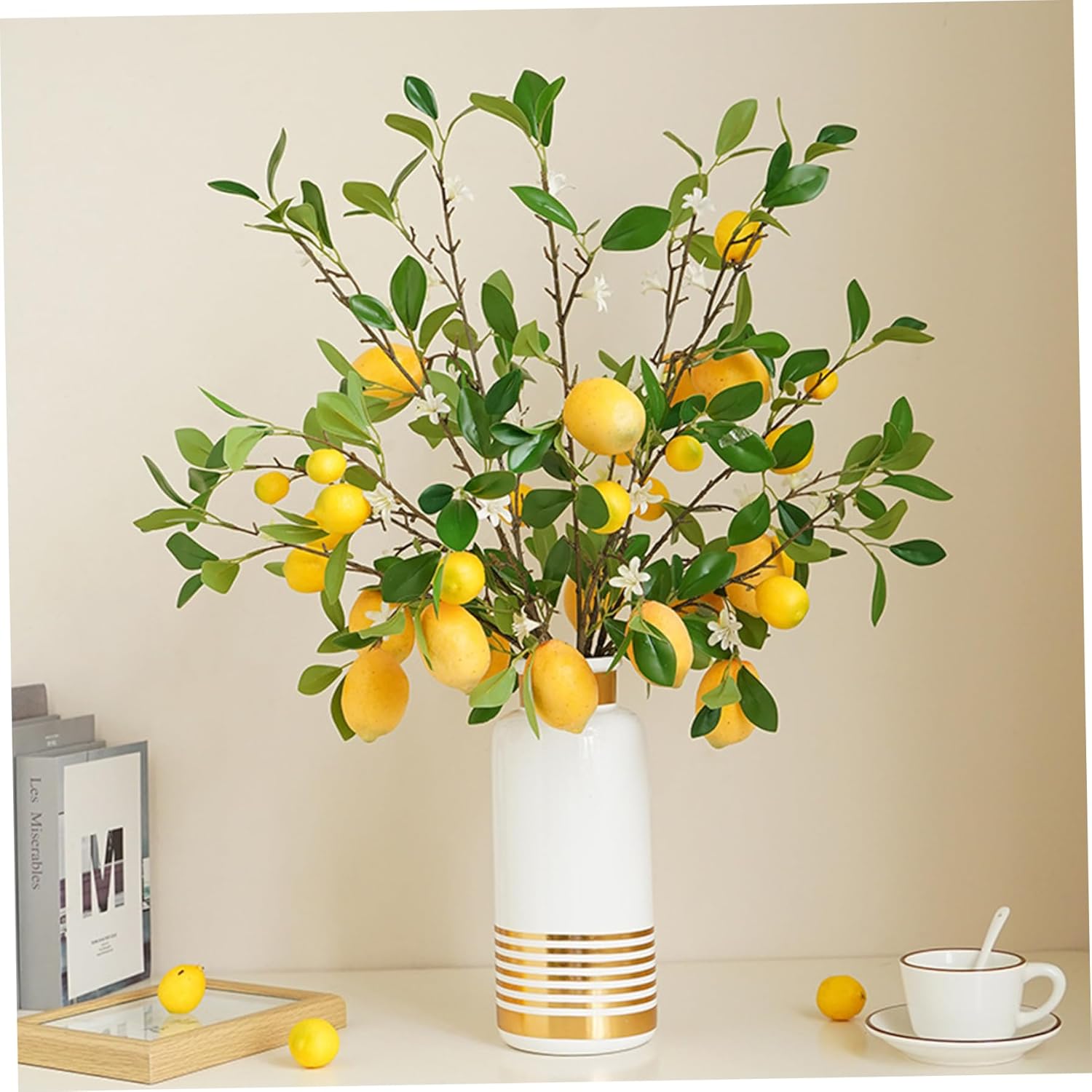 Fake Lemons 3Pcs 32 Inch Long Stem Foam Faux Lemons with 7 Heads & Leaves DIY Friendly Fruit Decor for Home, Photo, Backdrop