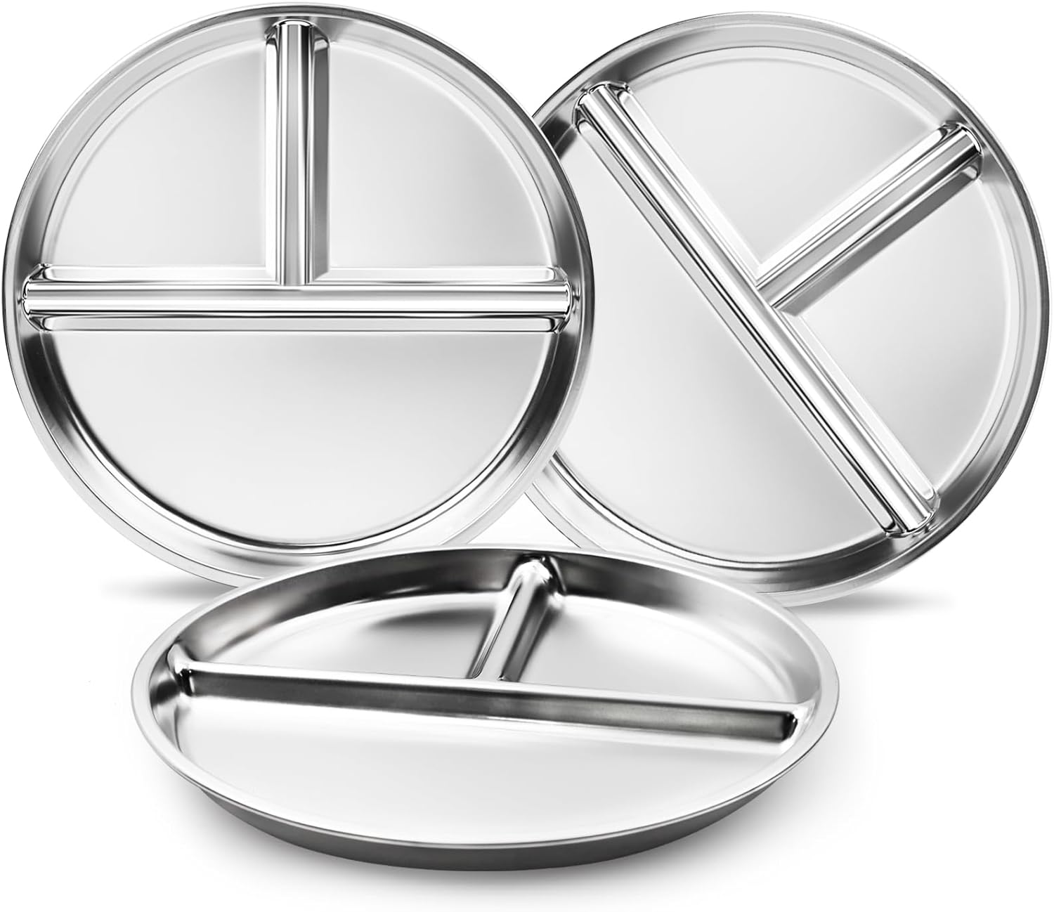 Stainless Steel Kids Plates Set of 3, 9″ Portion Control Plates Divided Plate for Adults Toddlers Balance Lunch, Bariatric & Diabetic Diet, Non Toxic Camping Metal Snack Plate for Eating