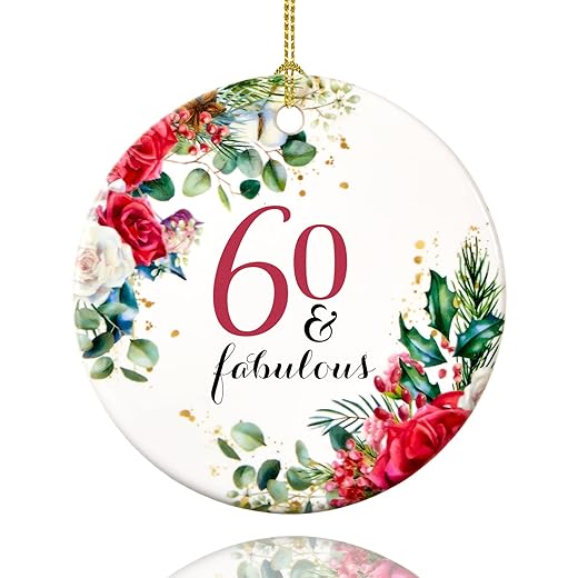 60th Birthday Ornament 2023, 60 and Fabulous Gifts for Women, 60th Birthday Gifts for Women, 2.9" Ceramic 60 Year Old Christmas Tree Ornaments 2023