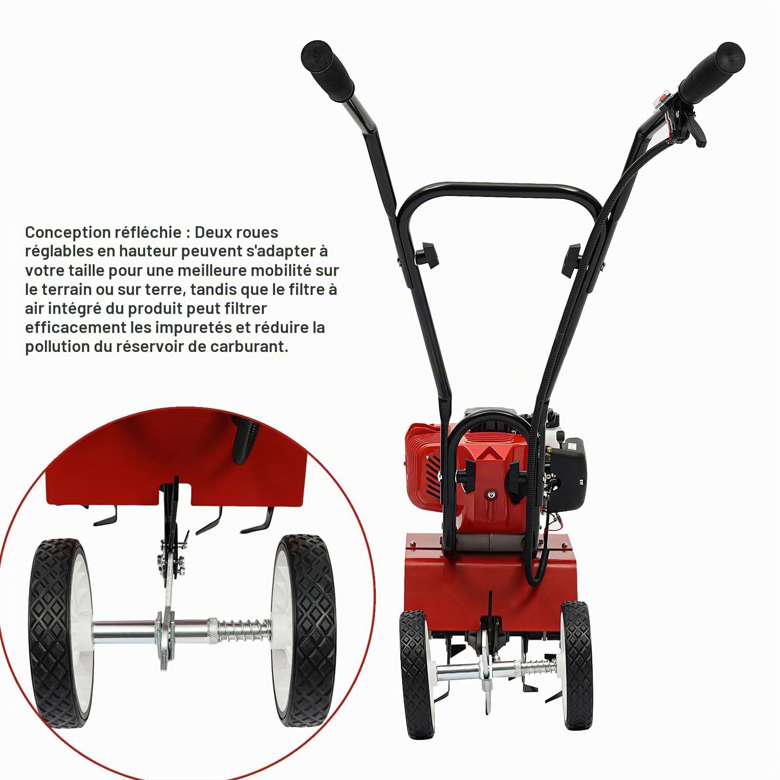 Motoculteur à essence 52CC 2 temps avec 4 lames en acier, largeur de travail de 35 cm, roues réglables en hauteur pour creuser et enlever les mauvaises herbes