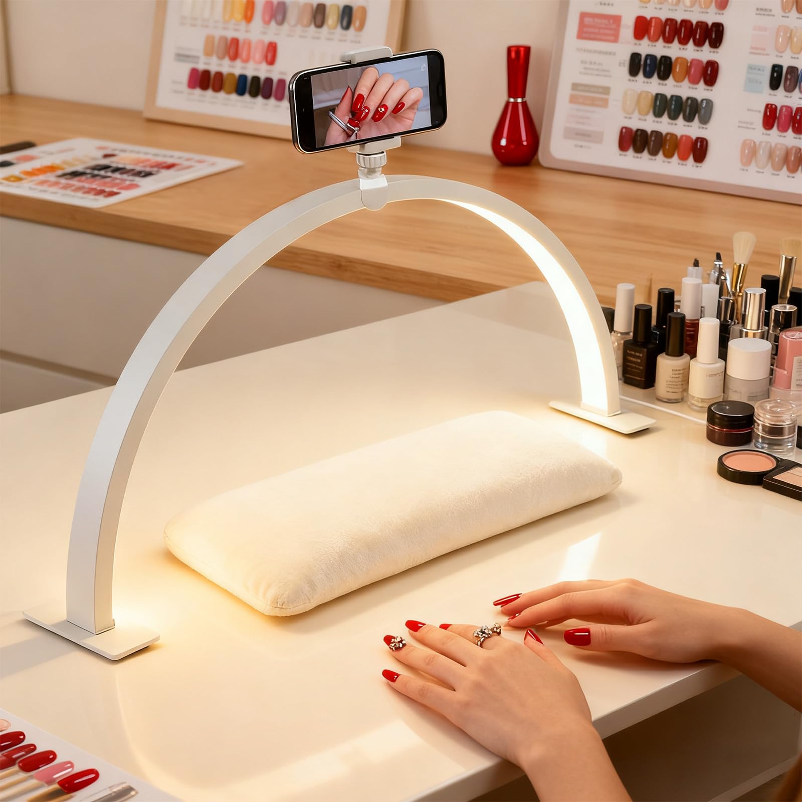 Yolispa Half Moon Light for Nail Desk, 3000 Lumen Half Moon Lamp with Phone Holder, 3 Color Modes & 10 Brightness Adjustable, 55cm LED Nail Desk Light for Lashes Eyelash Extensions Tattoo Skin Care