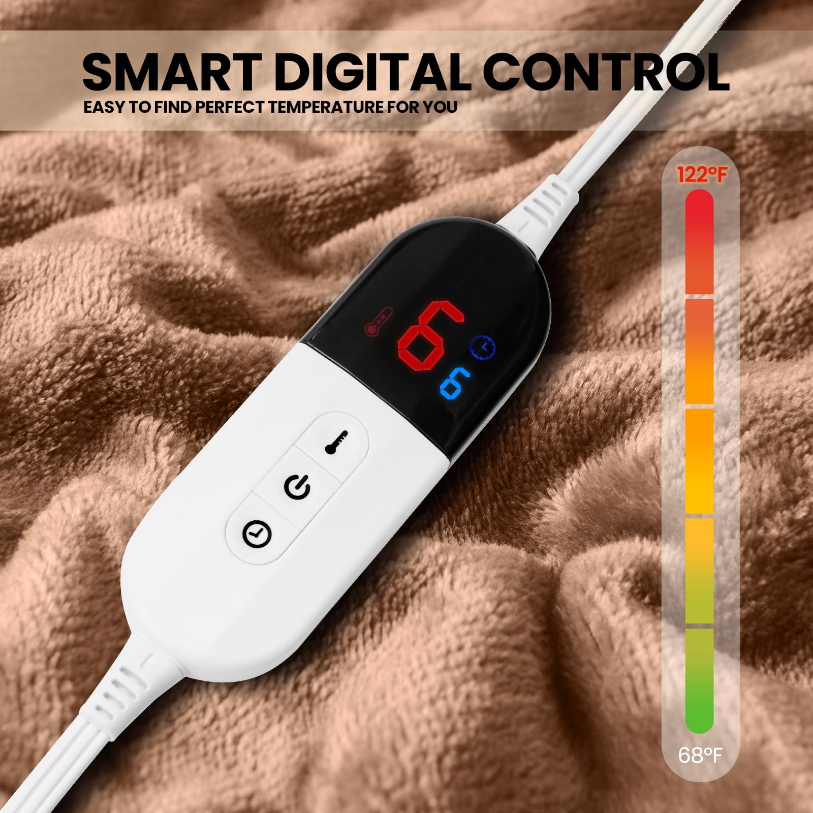 BENFOX Electric Heated Blanketï¼ŒFlannel & Sherpa Heated King Size Blanket 90"x100"ï¼ŒFast Heating Soft Fleece Blanket with 6 Heating Levels & 10H Auto Off-Brown