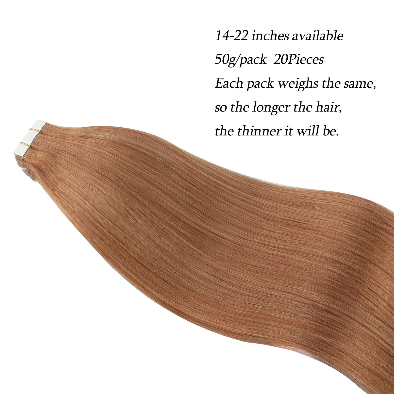 ABH AmazingBeauty Tape in Hair Extensions Semi-permanent Pre Taped Real Remi Remy Human Tape in Human Hair 50g 20pcs Skin Weft Invisible Seamless Reusable Platinum Light Auburn Color 30 16 Inch - Image 4