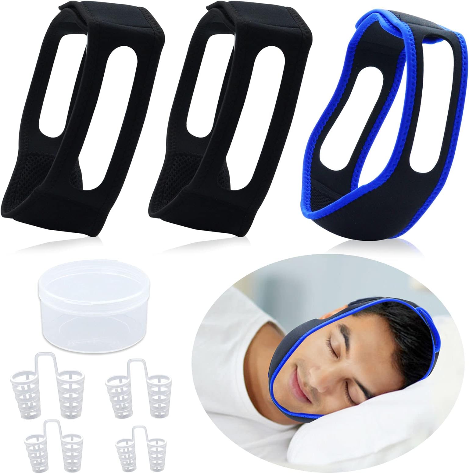 3Pack Anti Snore Chin Strap, Upgraded Breathable and Adjustable Stop Snoring Head Band with 4PCS Different Size Nose Vents Snore Stopper, Effective Snoreless Sleeping Solution for Men and Women