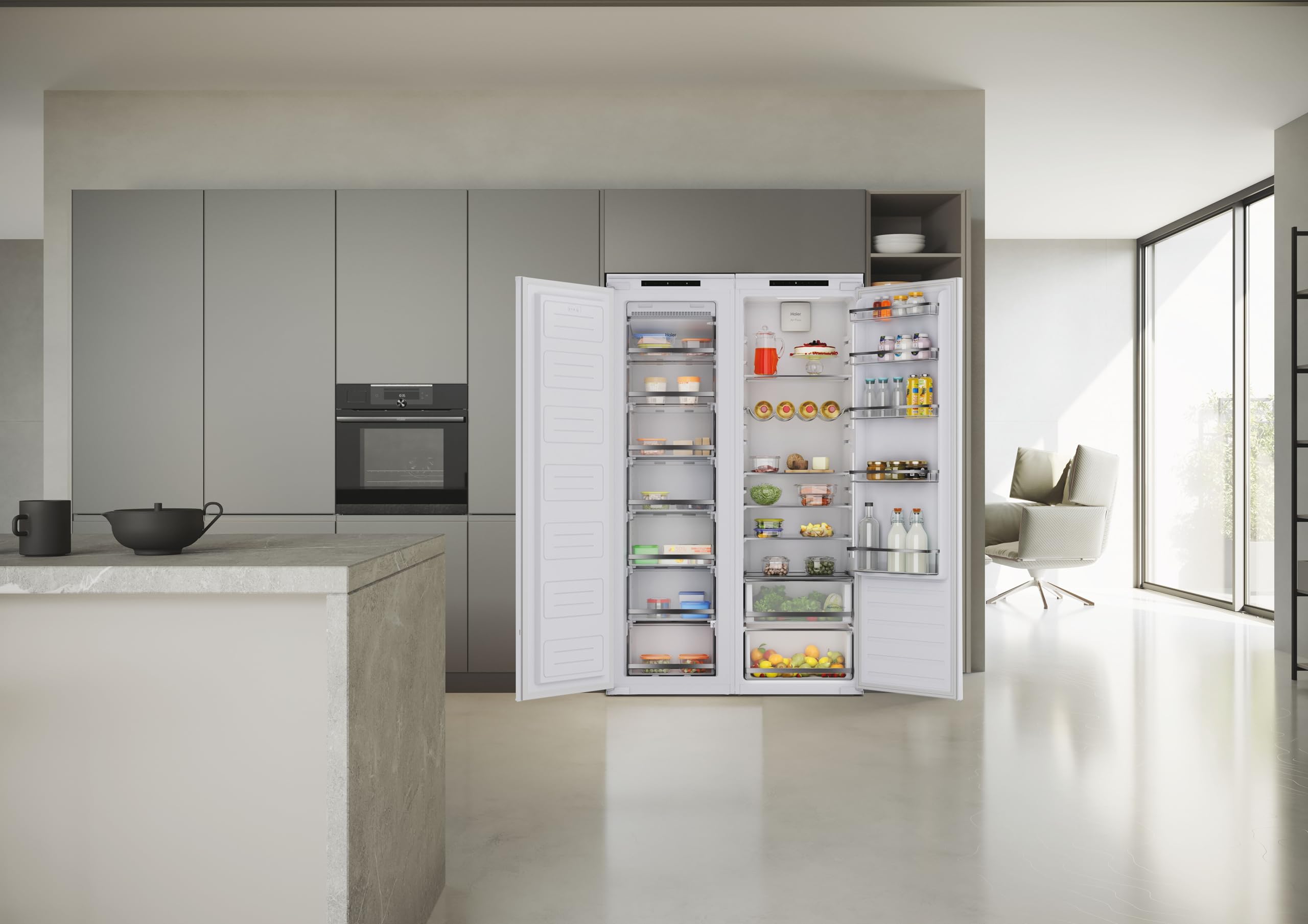 Haier HAMS518EW, Frigorífico Monopuerta Integrable, 2 Cajones, 5 Baldas, 4 Balconeras, Ancho 54cm, Alto 177cm, Capacidad Total 319L, Iluminación LED, Panel de Integración No Incluido