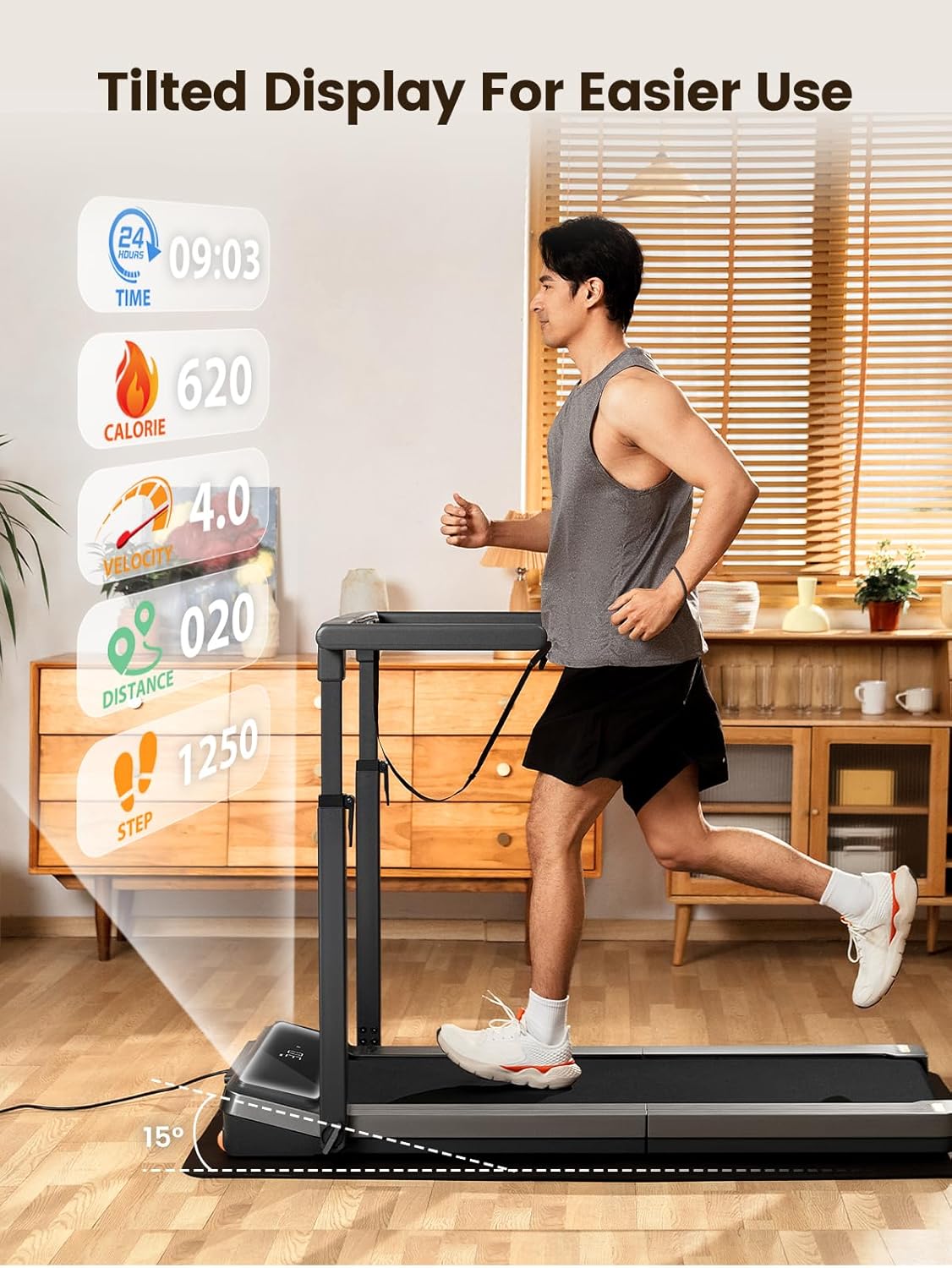 Man running on WALKINGPAD Z3-side Handrails Treadmill, showing the tilted LED display with workout data.