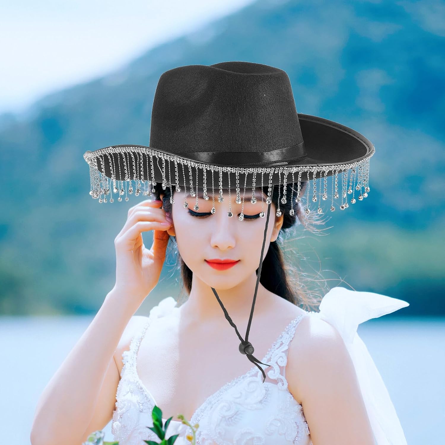 Cowgirl Hat with Rhinestone Tassel Fringe Black Western Sunshade Hat for Women Bridal Party Wedding Accessory
