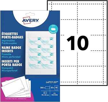 Avery L4727-20 Printable Name Badge Insert Refills   90 x 54 mm, White, Pack of 200 Inserts