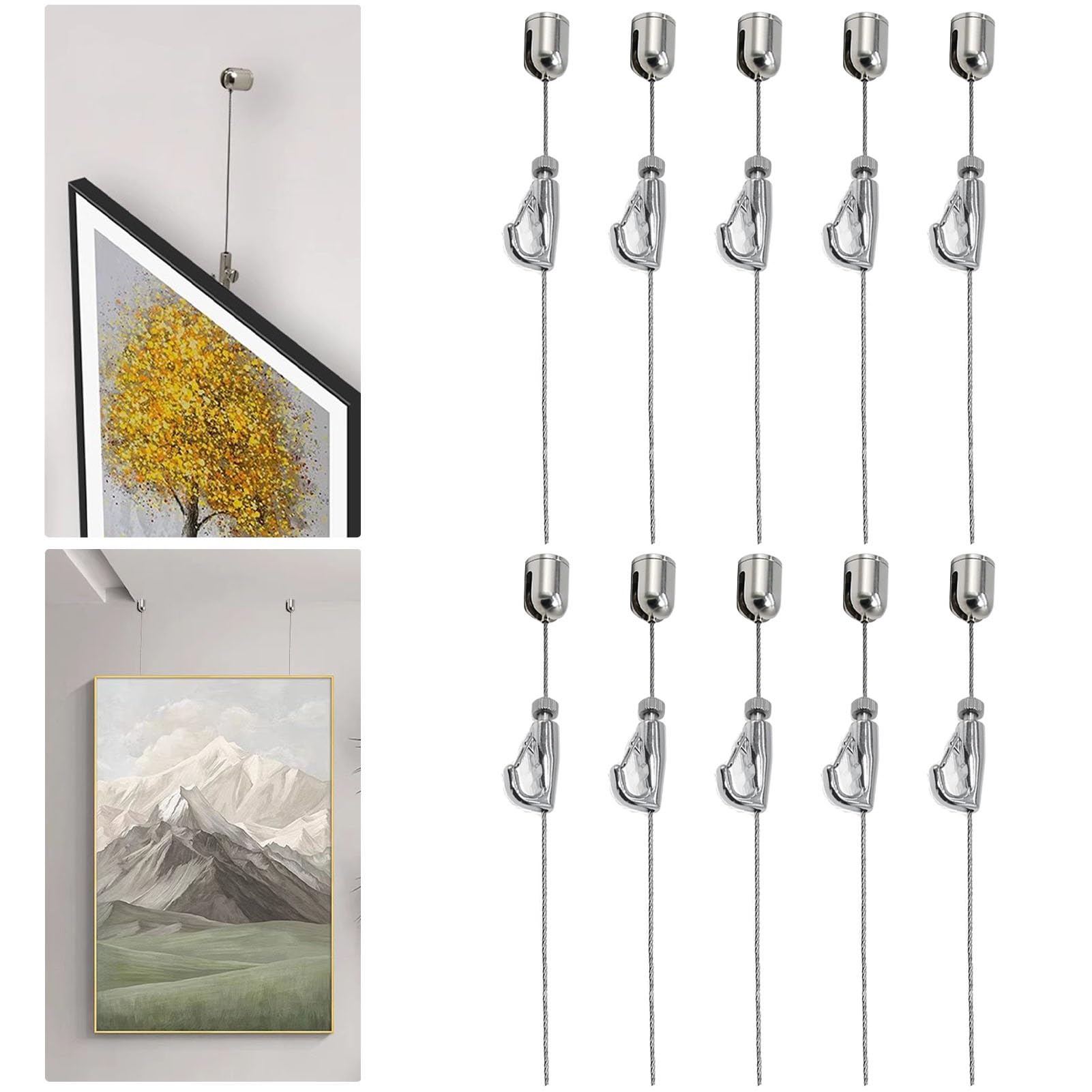 10-teiliges Bilderschienen-Aufhängesystem – Galerie-Schiene für Wand/Decke | Unsichtbares Kabel & silberne Halterungen | 2,5 m (98,4 Zoll) transparenter Draht für die Präsentation von Kunstw