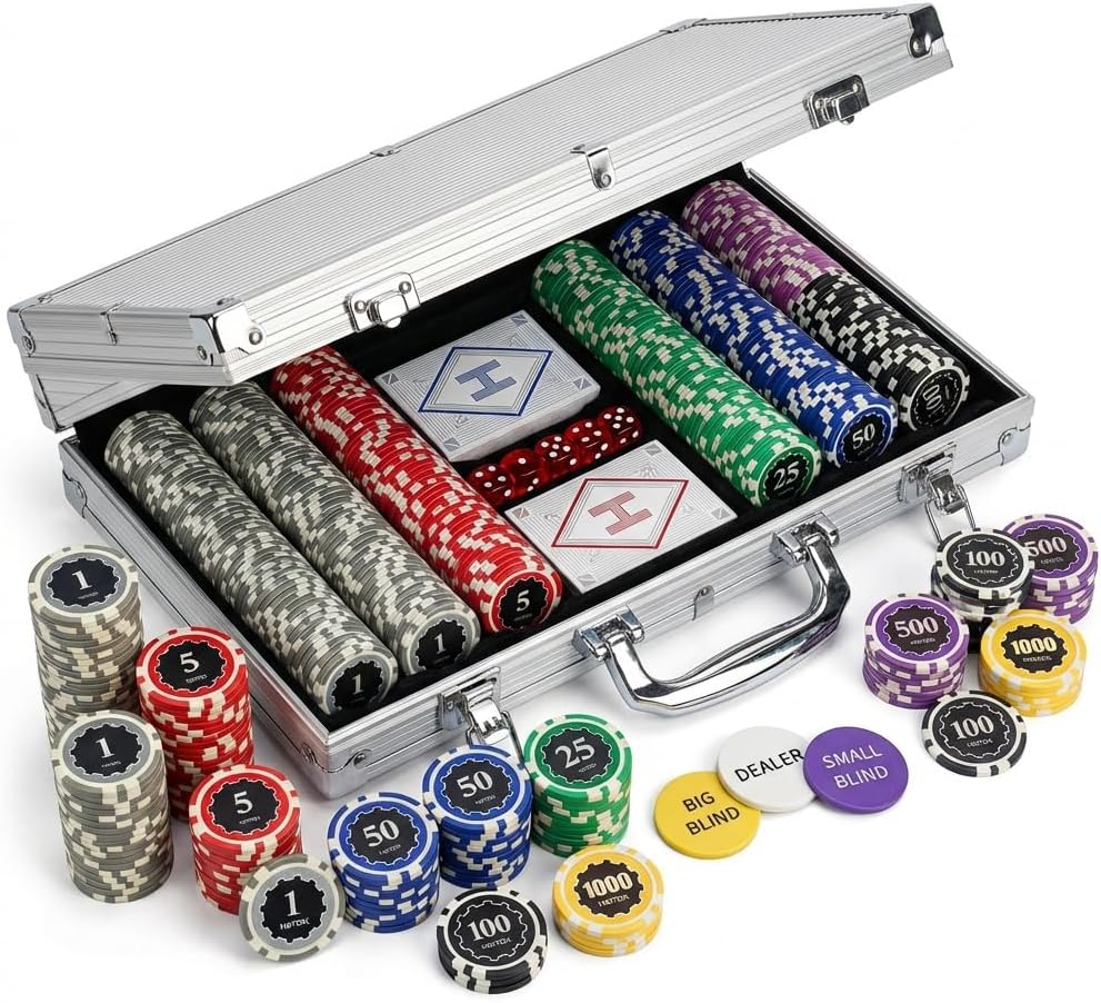 300 Piece Poker Chip Set with Denominations 11.5g Heavyweight Iron Core Chips Aluminum Case Cards and Dice for Texas Holdem Blackjack Casino Gaming
