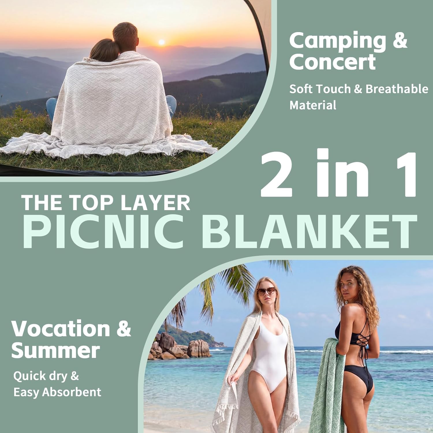 2 in 1 Extra Large Camping Blanket Outdoor Picnic Yoga Mat Lightweight Car Essential Roadtrip Gadget Rv Accessories Glamping Tent Gear Must Haves Hiking Stuff Backpacking Necessities Women Beach Gift