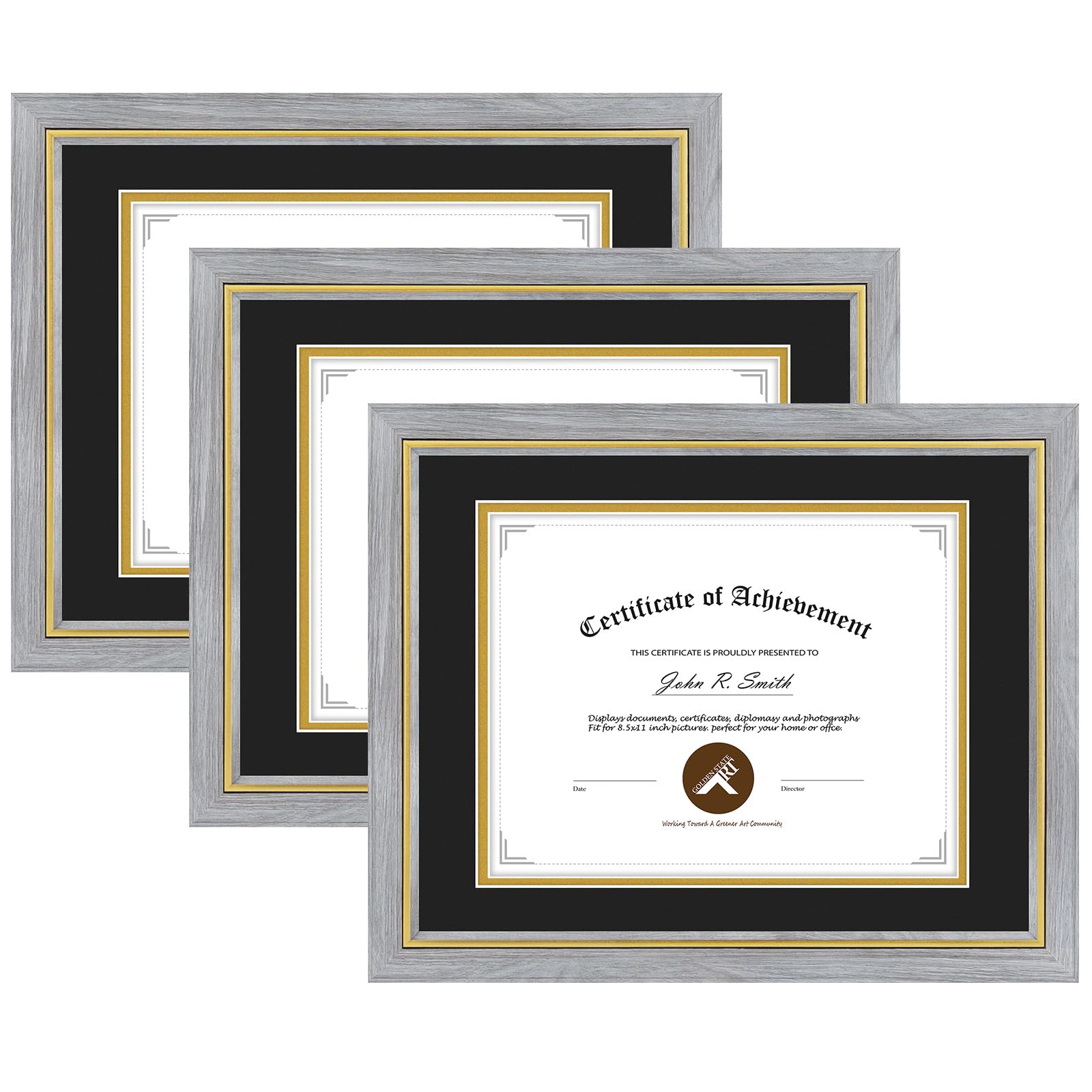 11x14 Diploma Frame Grey Gold Trim Fit 8.5x11 with Black W Gold Double Mat